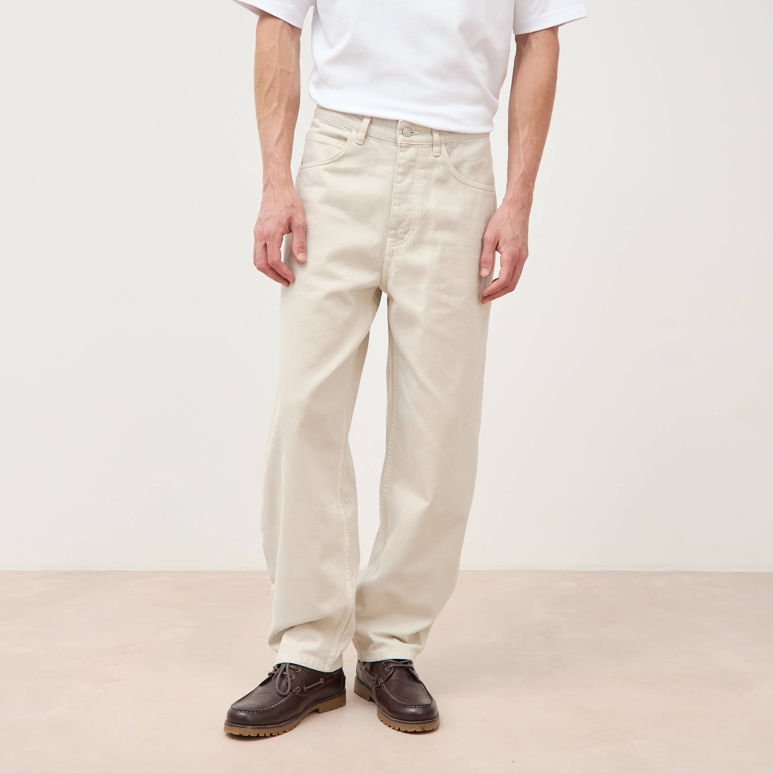 Jeans large longueur 32 en coton denim beige homme