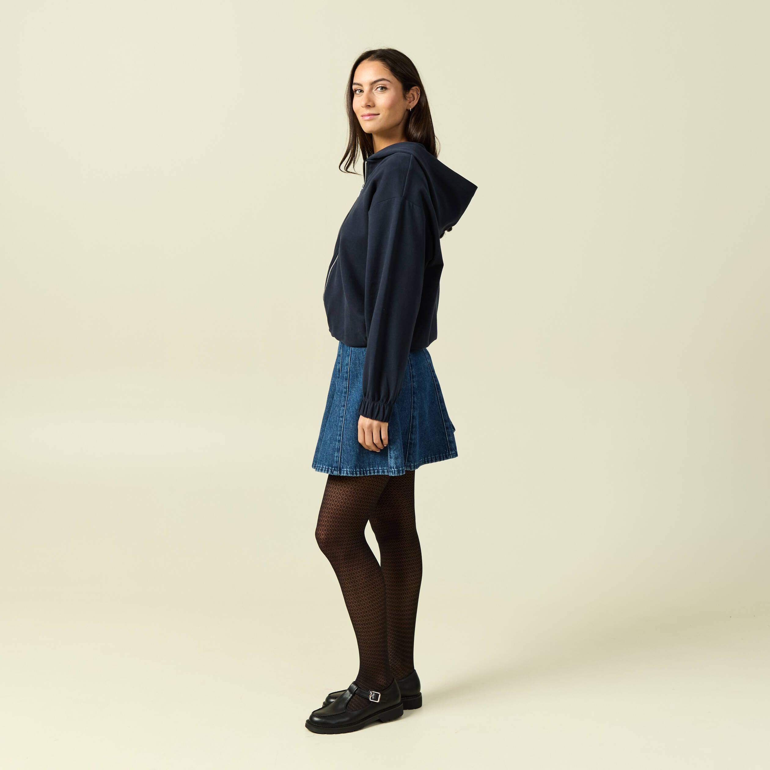 Sweat &agrave; capuche manches longues doubl&eacute; bleu marine femme