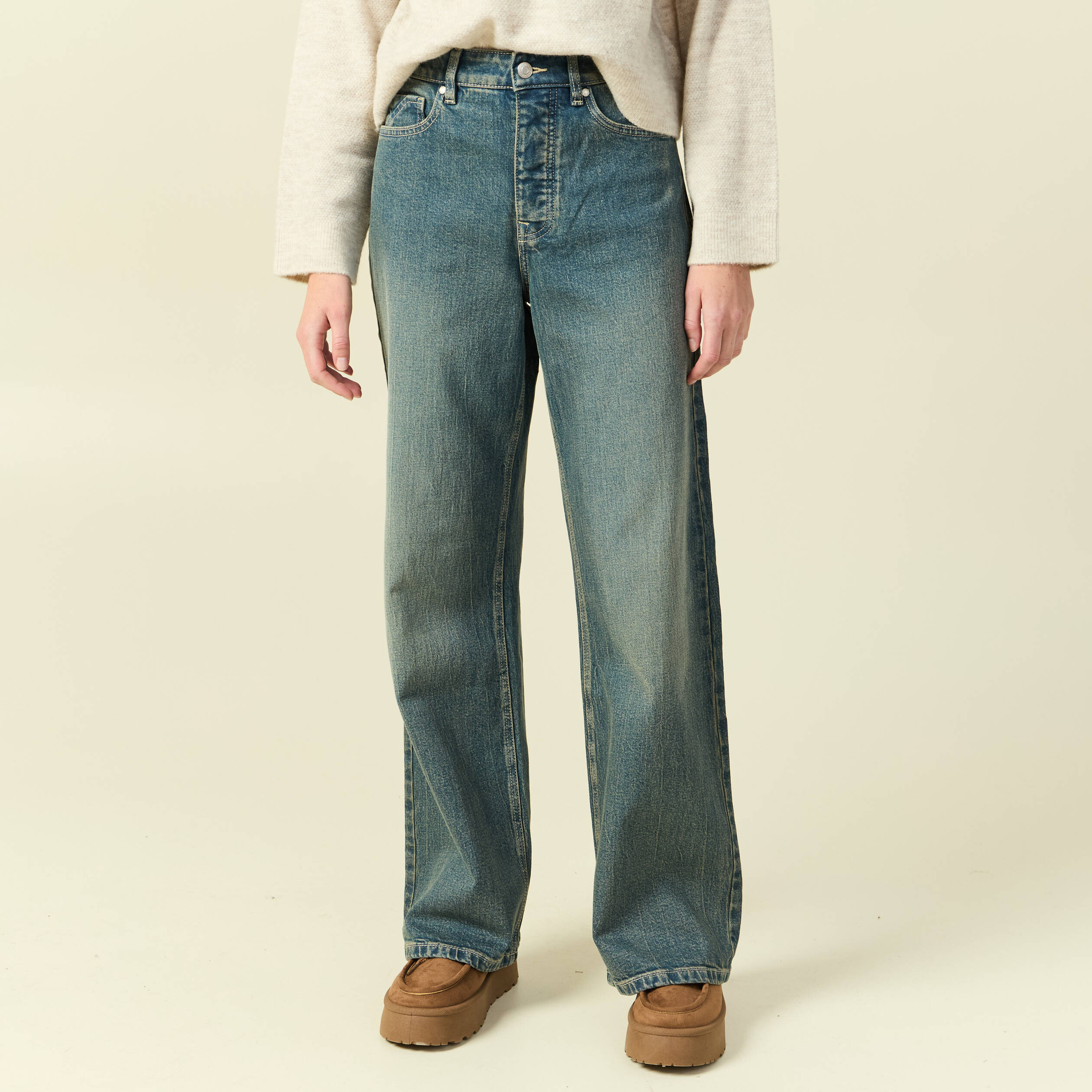Jeans large taille haute bleu gris femme