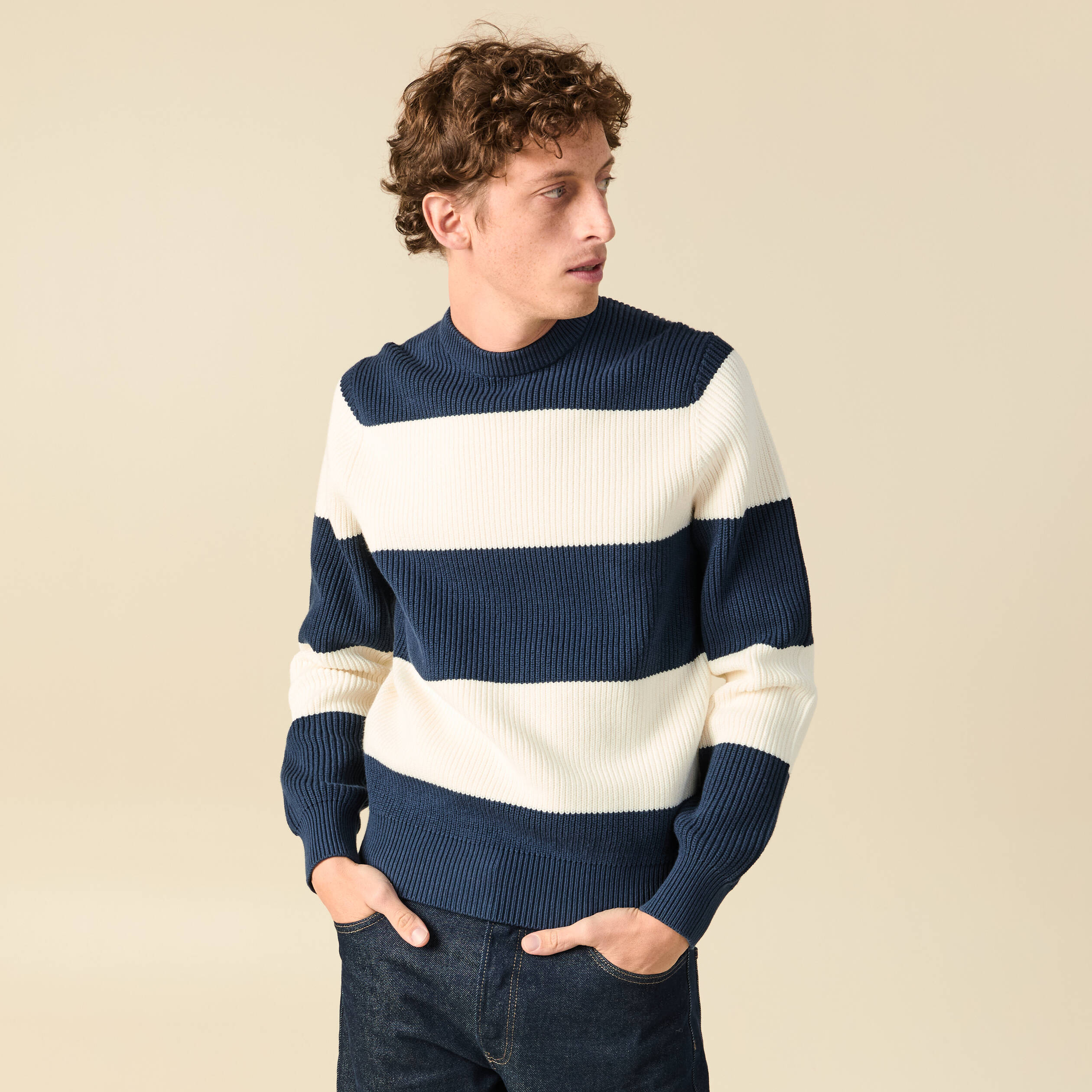Pull fin ray&eacute; manches longues col rond bleu marine homme