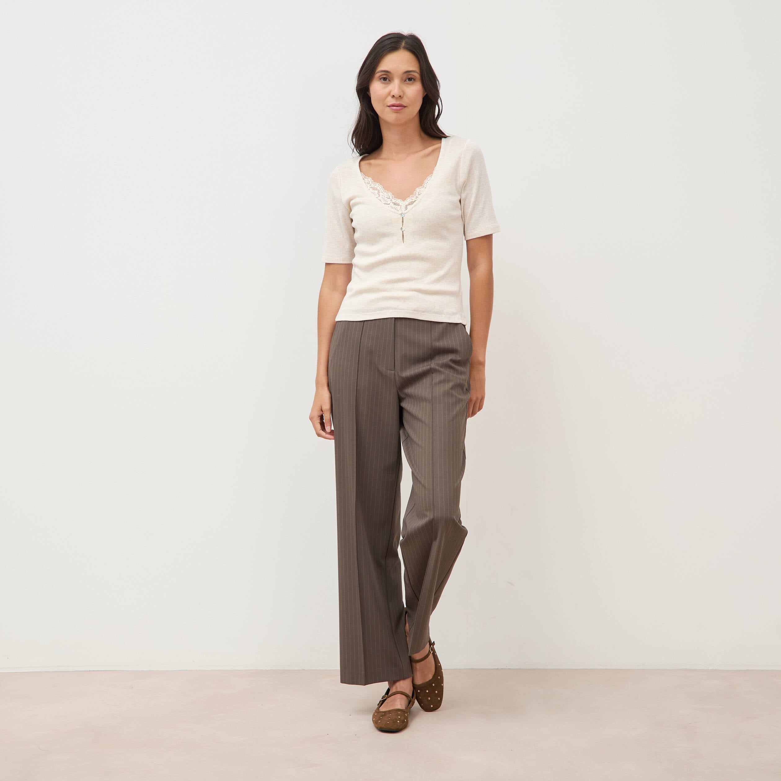 Pantalon droit taille haute taupe femme
