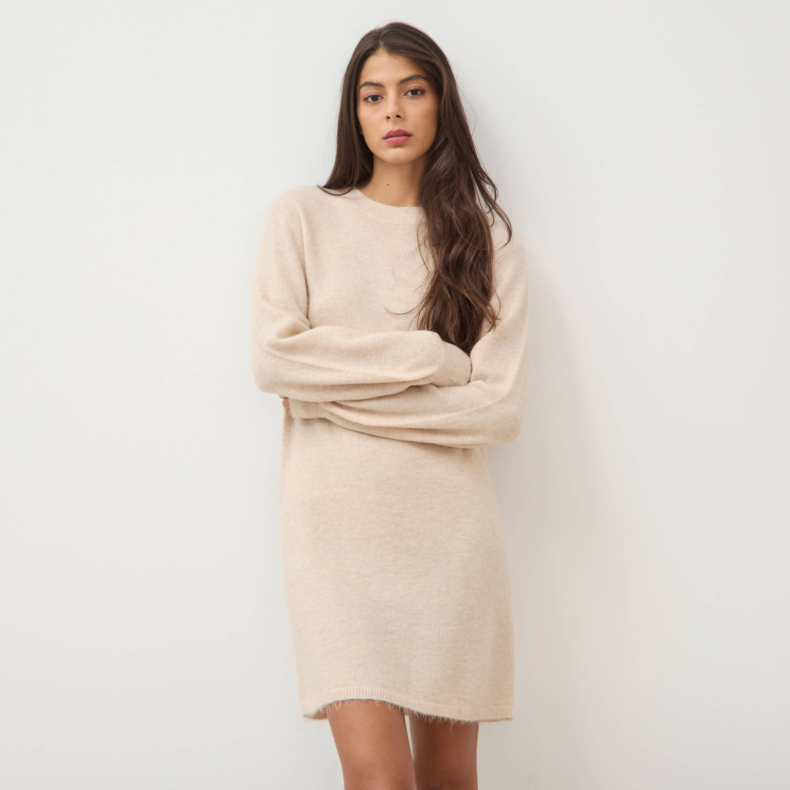 Robe droite courte manches longues creme femme