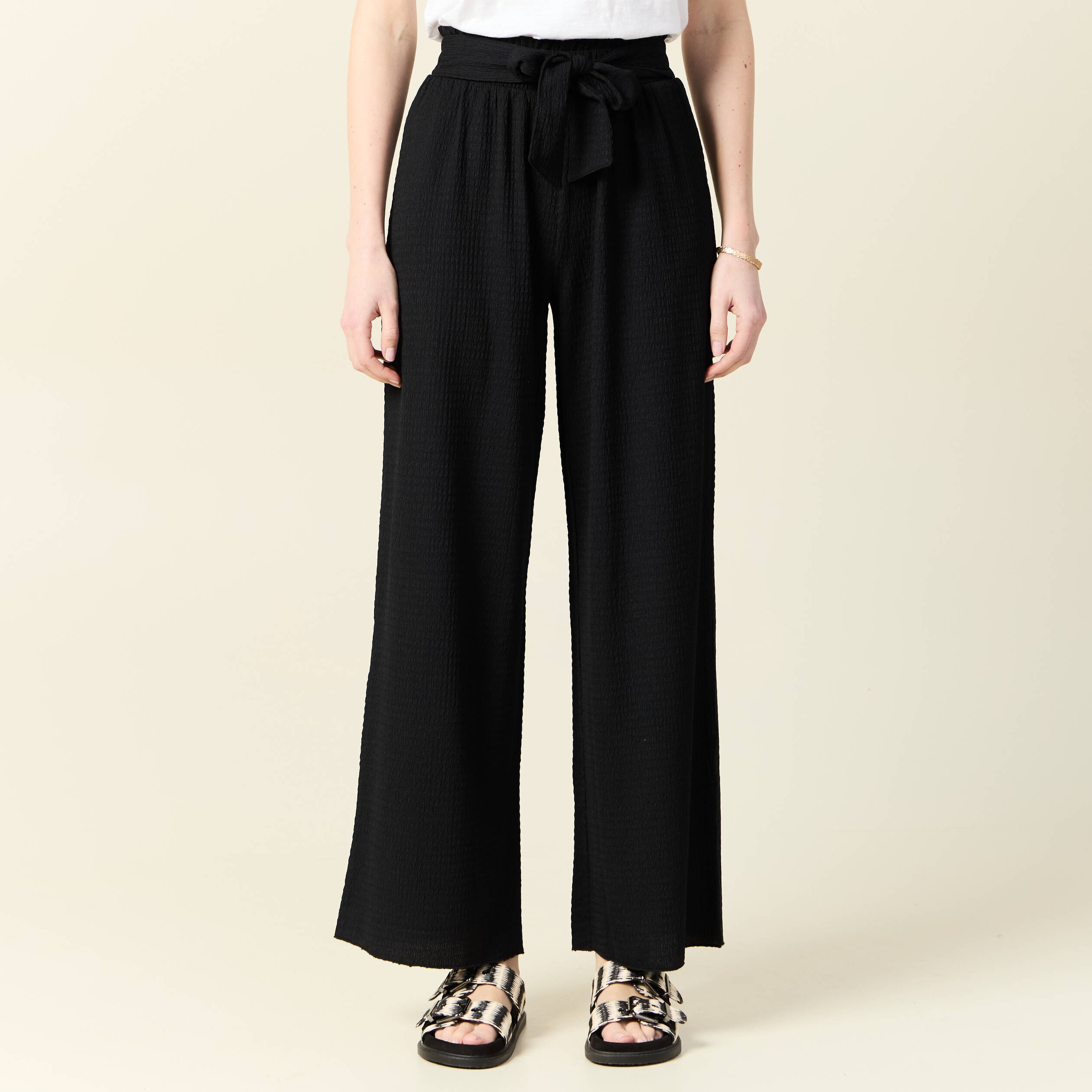 pantalon large fluide noeud noir femme Pantalon large fluide noeud noir femme
