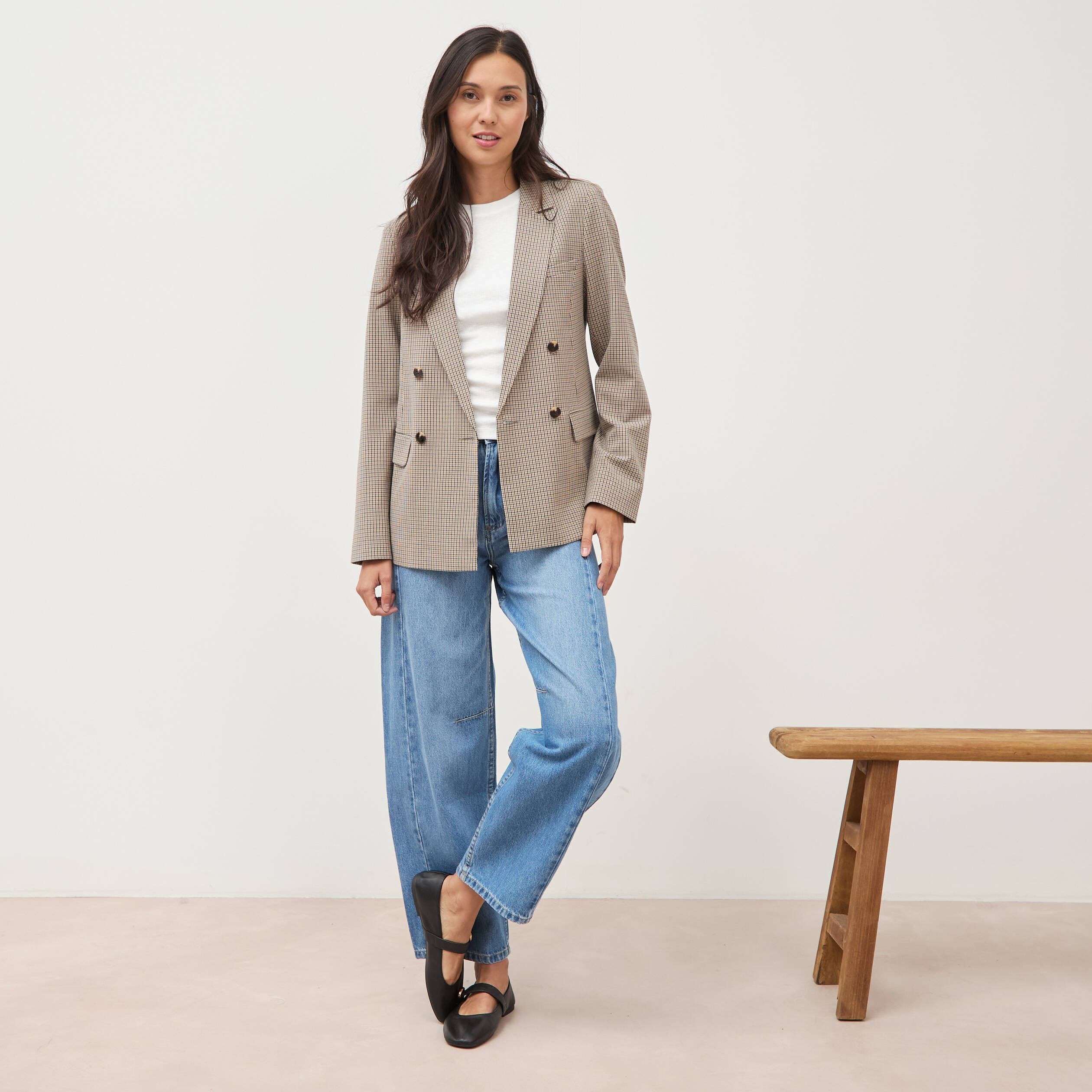 Blazer &agrave; carreaux col tailleur gris femme