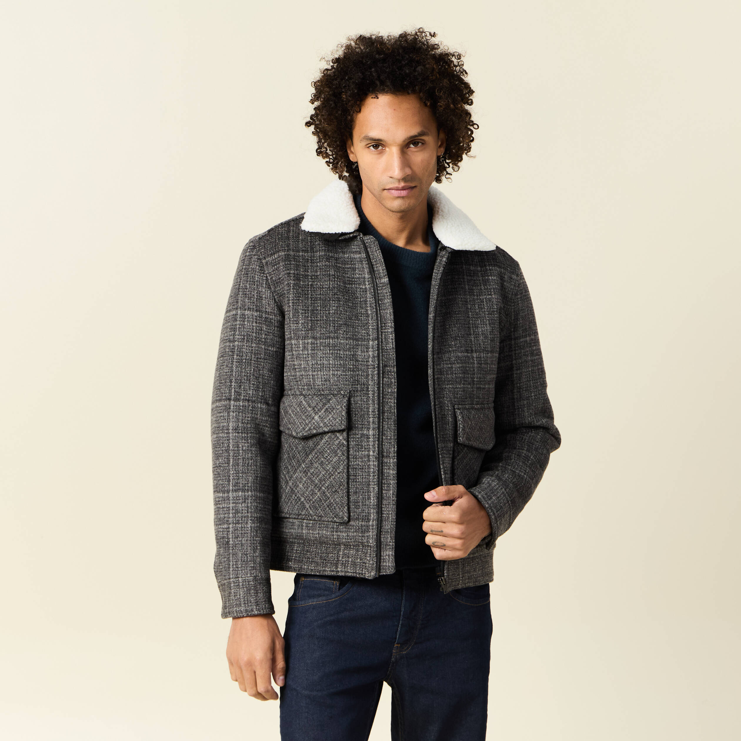blouson zippe col aviateur gris fonce homme Blouson zippé col aviateur gris foncé homme