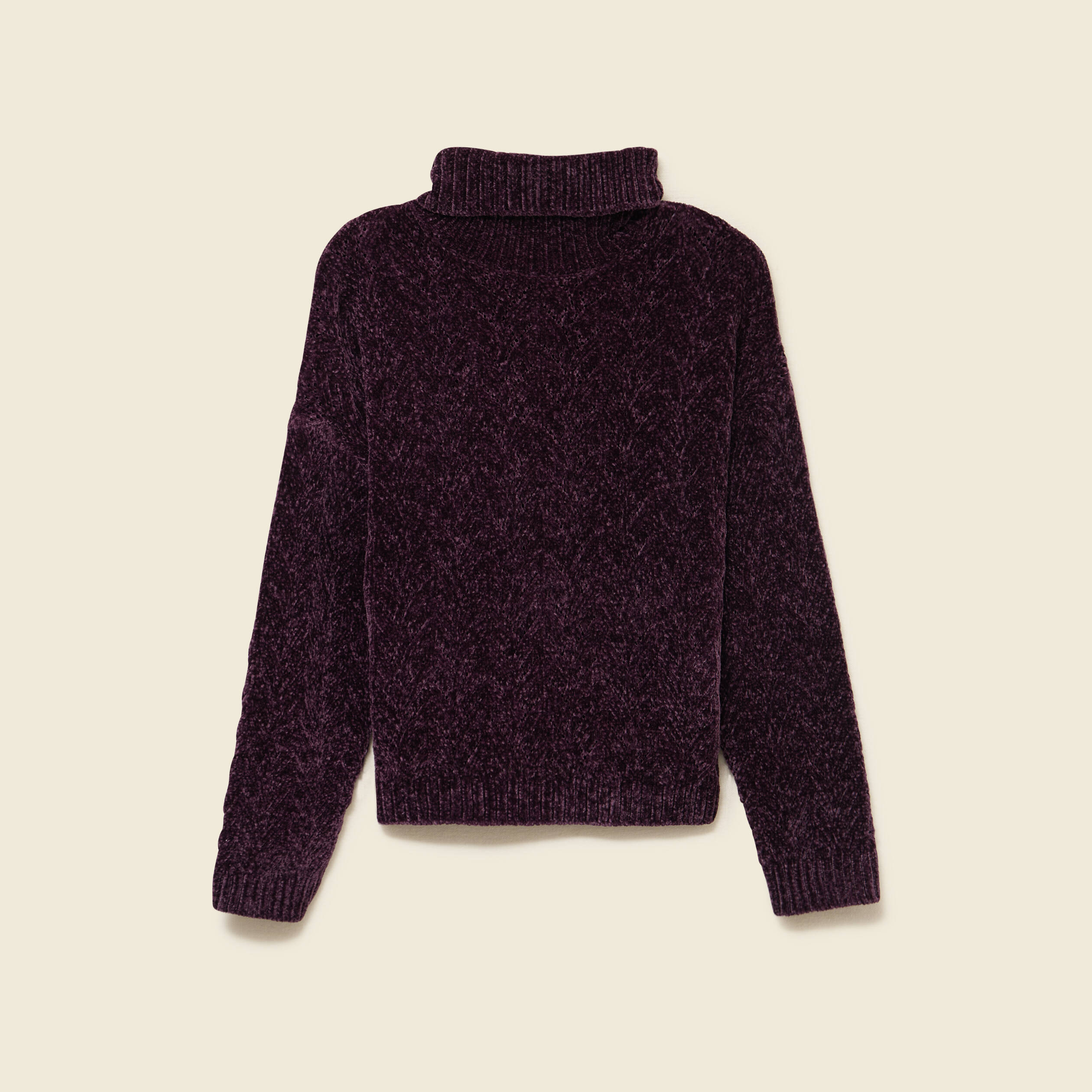 Pull col roul&eacute; manches longues prune femme