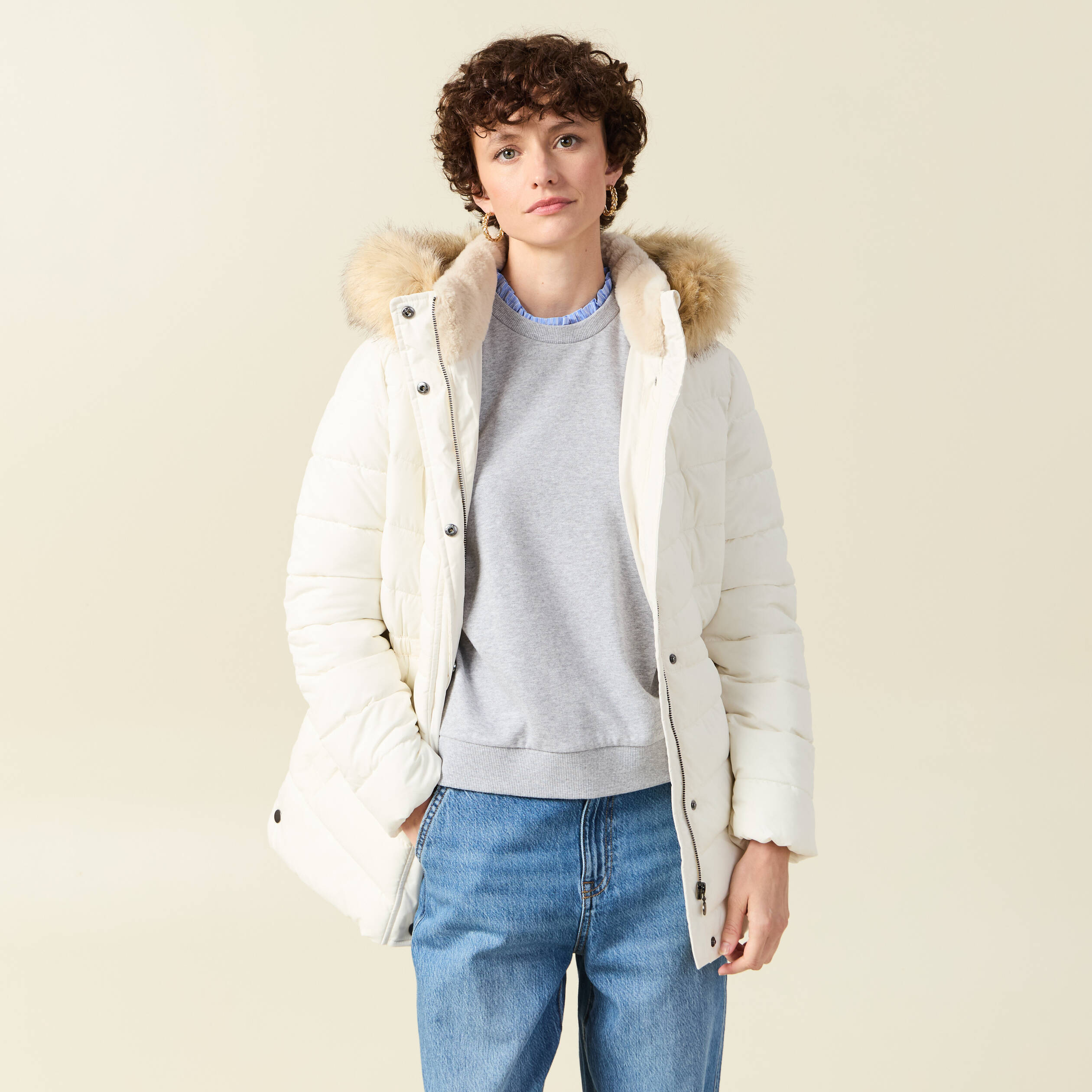 Doudoune à capuche fourrure creme femme Bonobo - Main Image