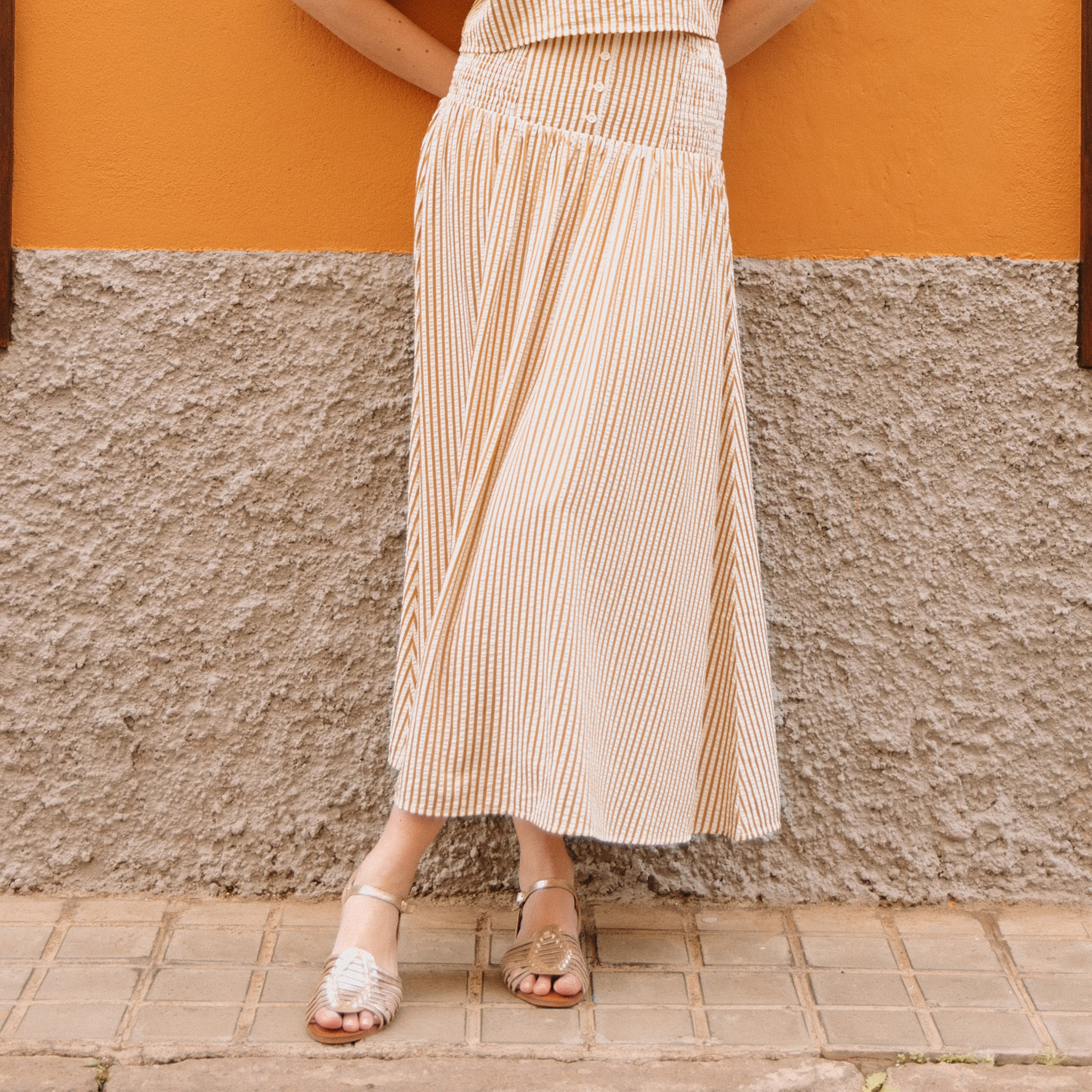 Jupe longue &eacute;vas&eacute;e taille haute beige moyen femme
