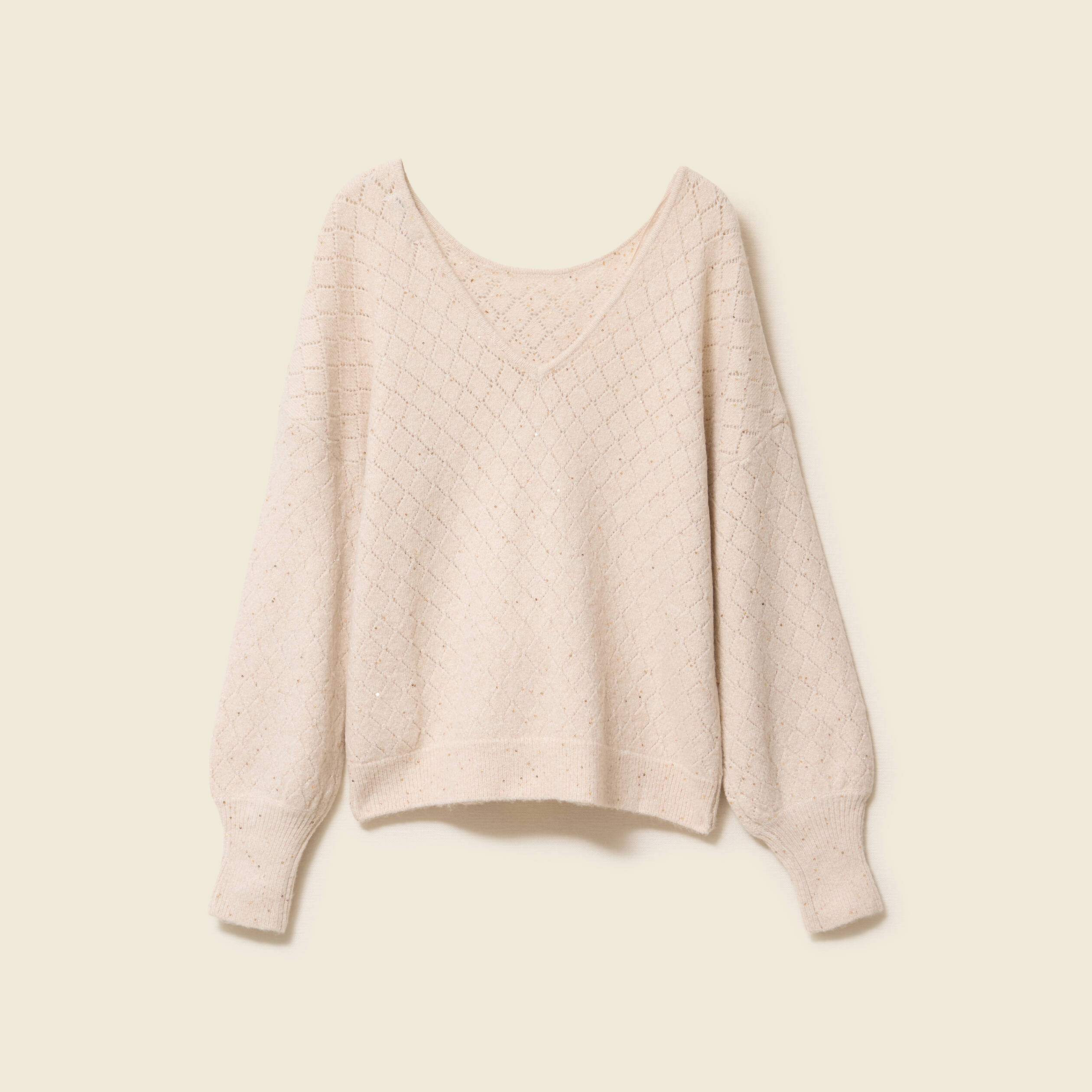 Pull ajouré col V manches longues creme femme