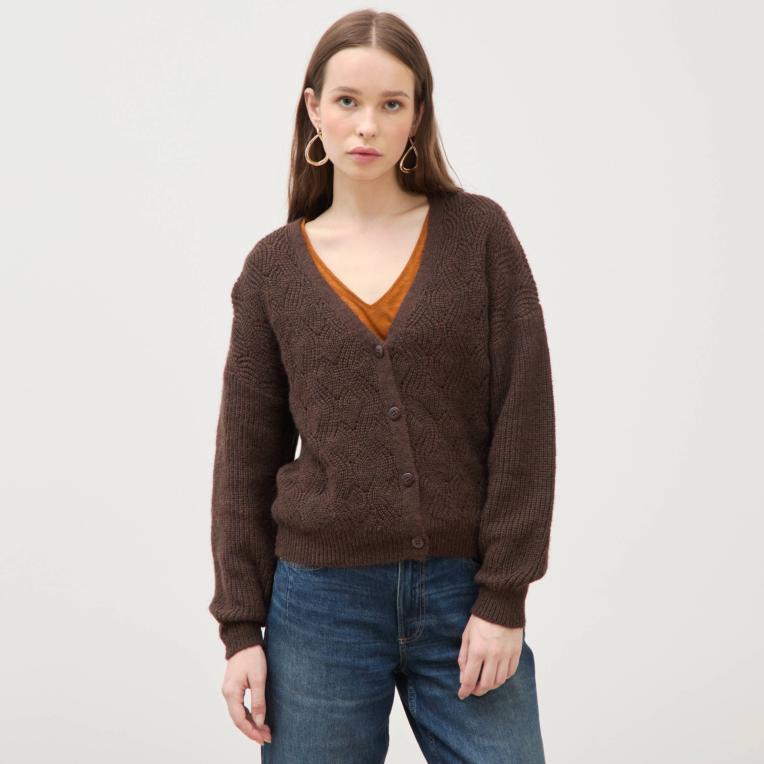 Gilet manches longues col v marron femme