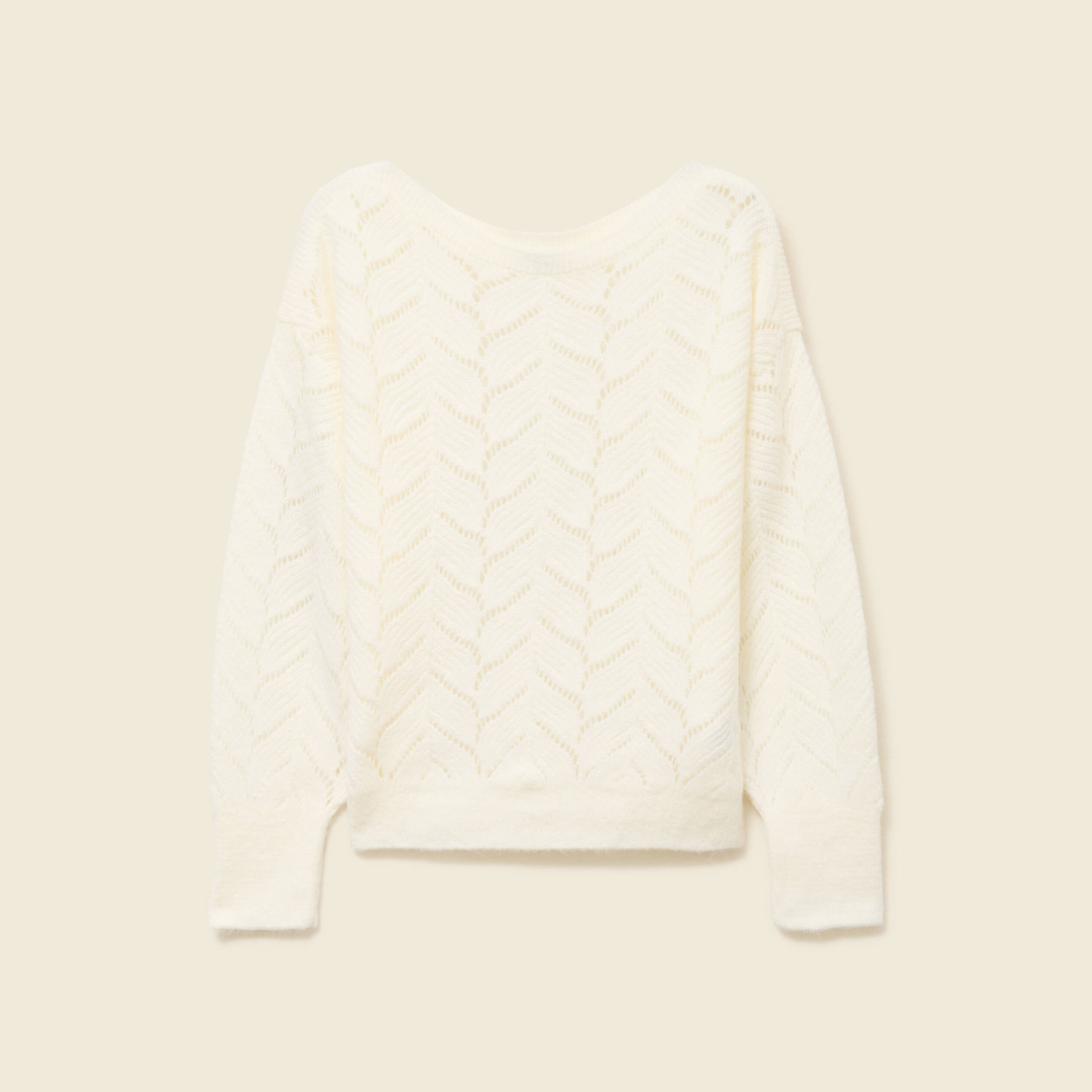 Pull ajour&eacute; col bateau manches longues ecru femme