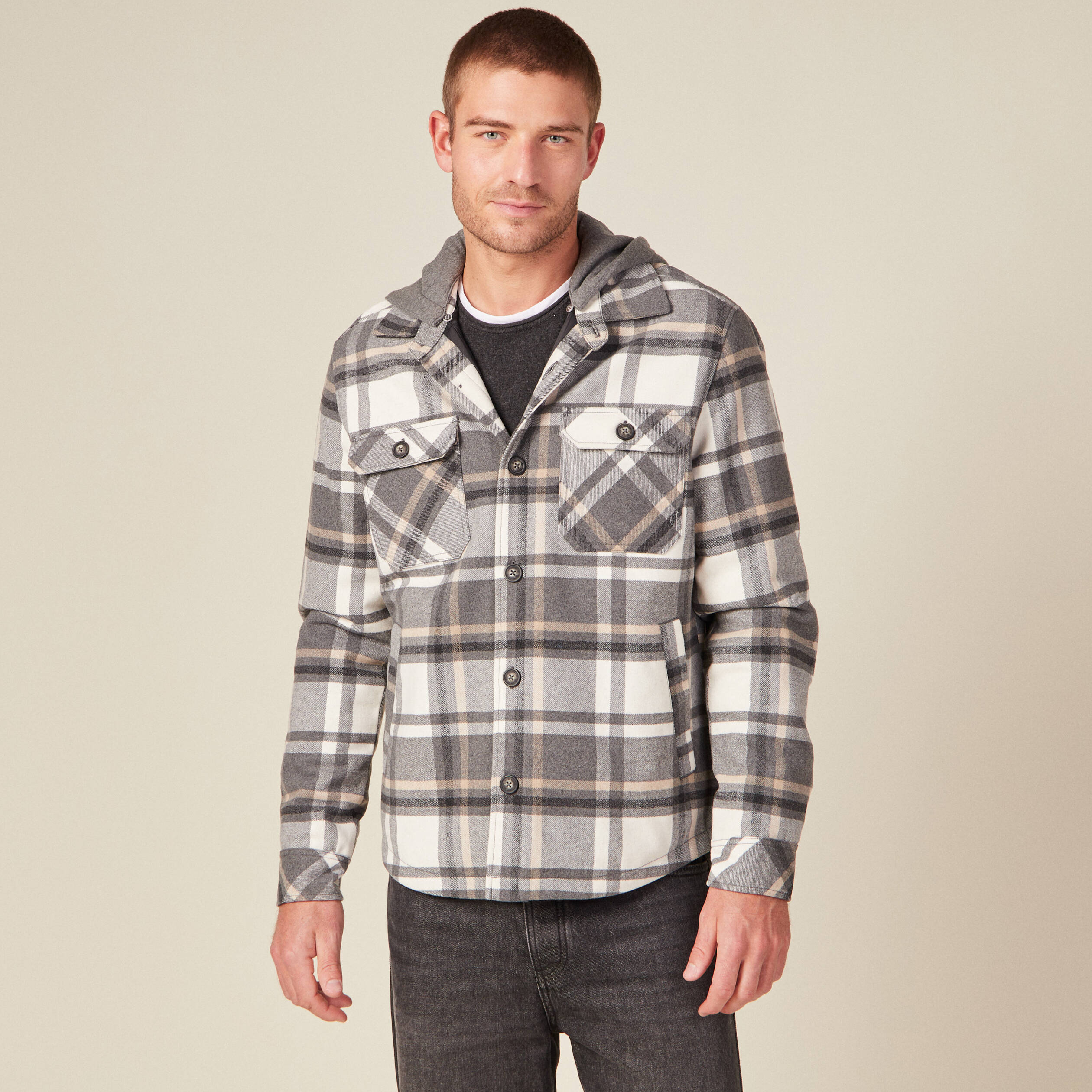 Surchemise &agrave; capuche manches longues gris fonc&eacute; homme