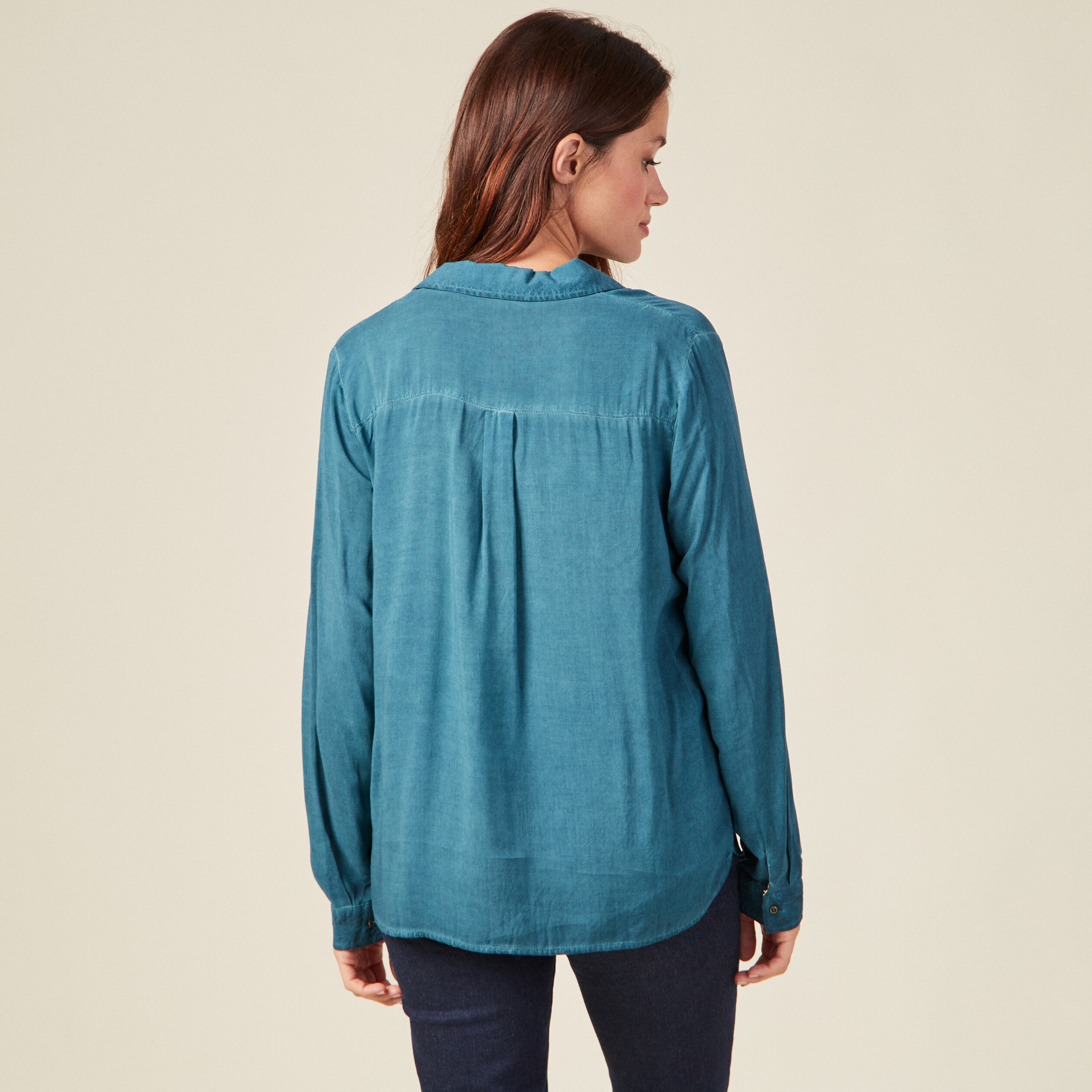 Blouse manches longues poches bleu pétrole femme