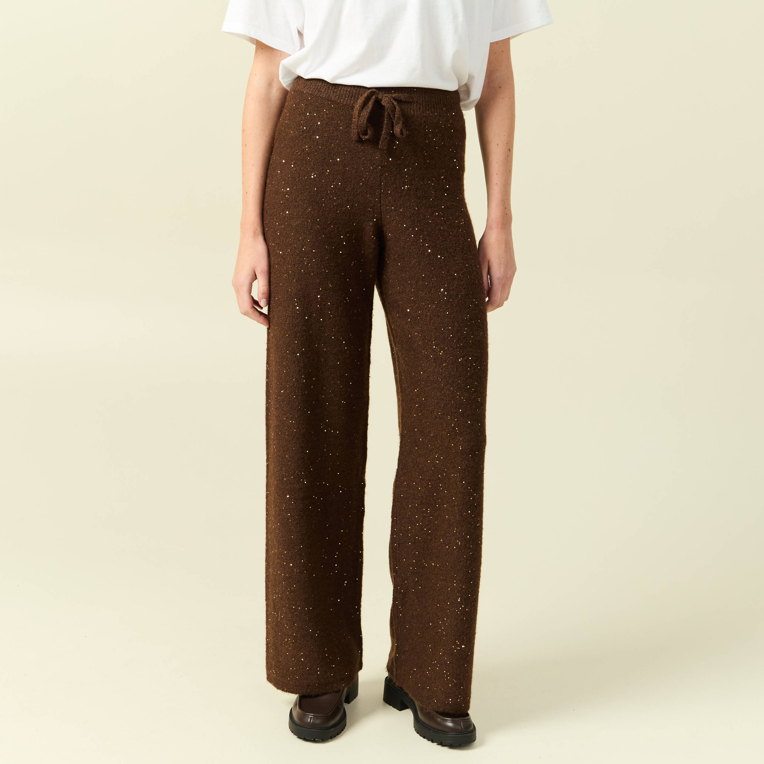 Pantalon large taille haute en maille marron fonc&eacute; femme