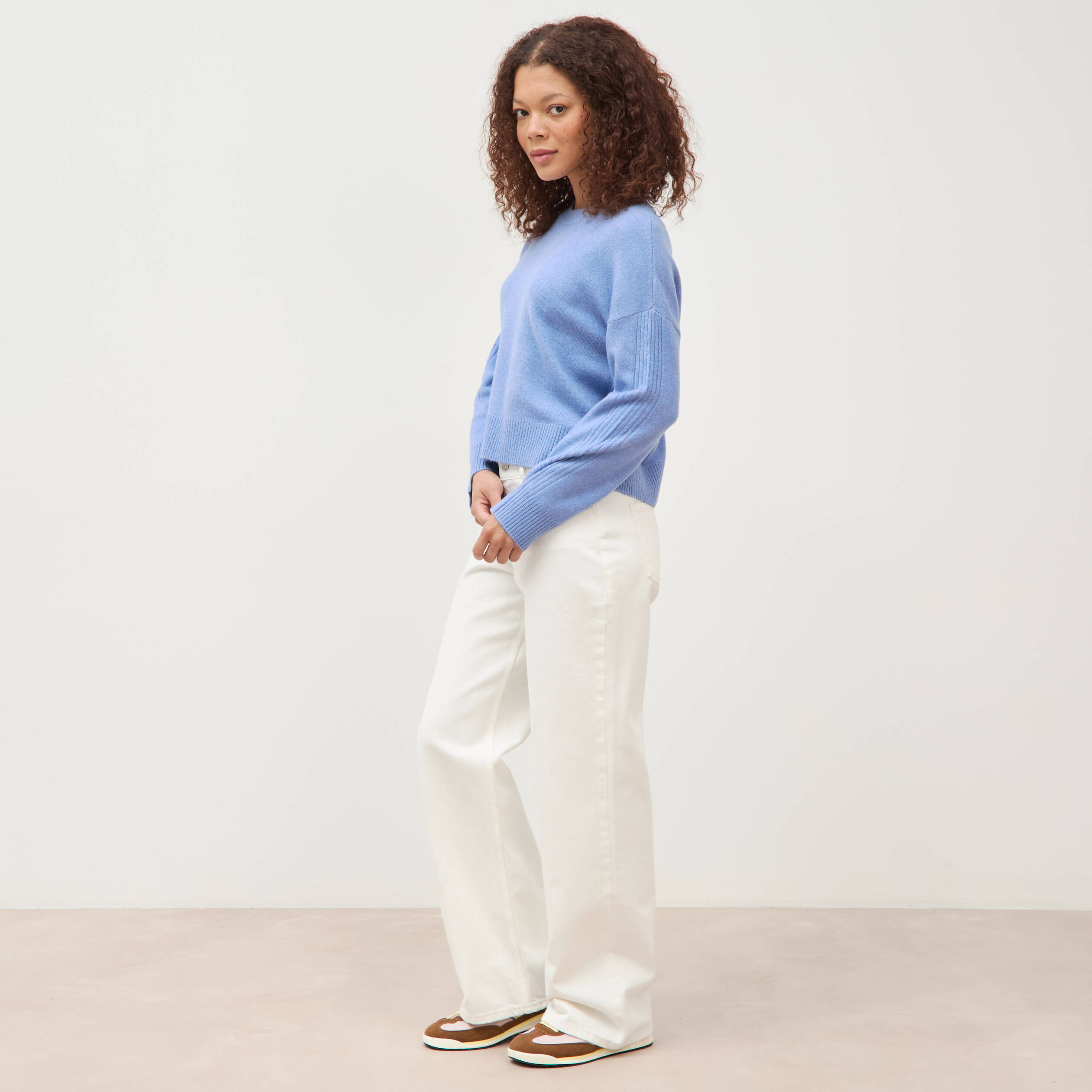Pull col rond manches longues bleu clair femme