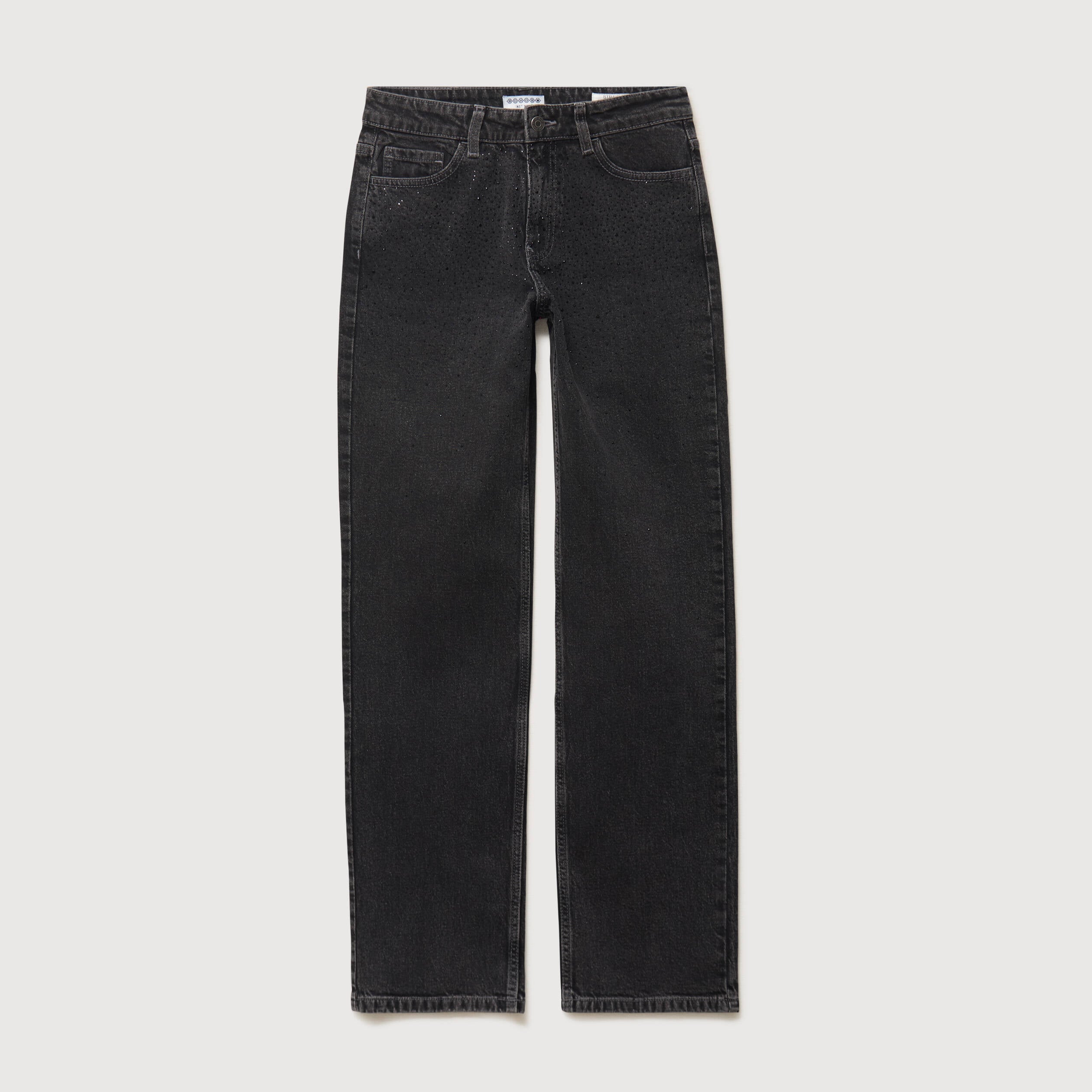 Jeans straight taille haute strass denim gris femme