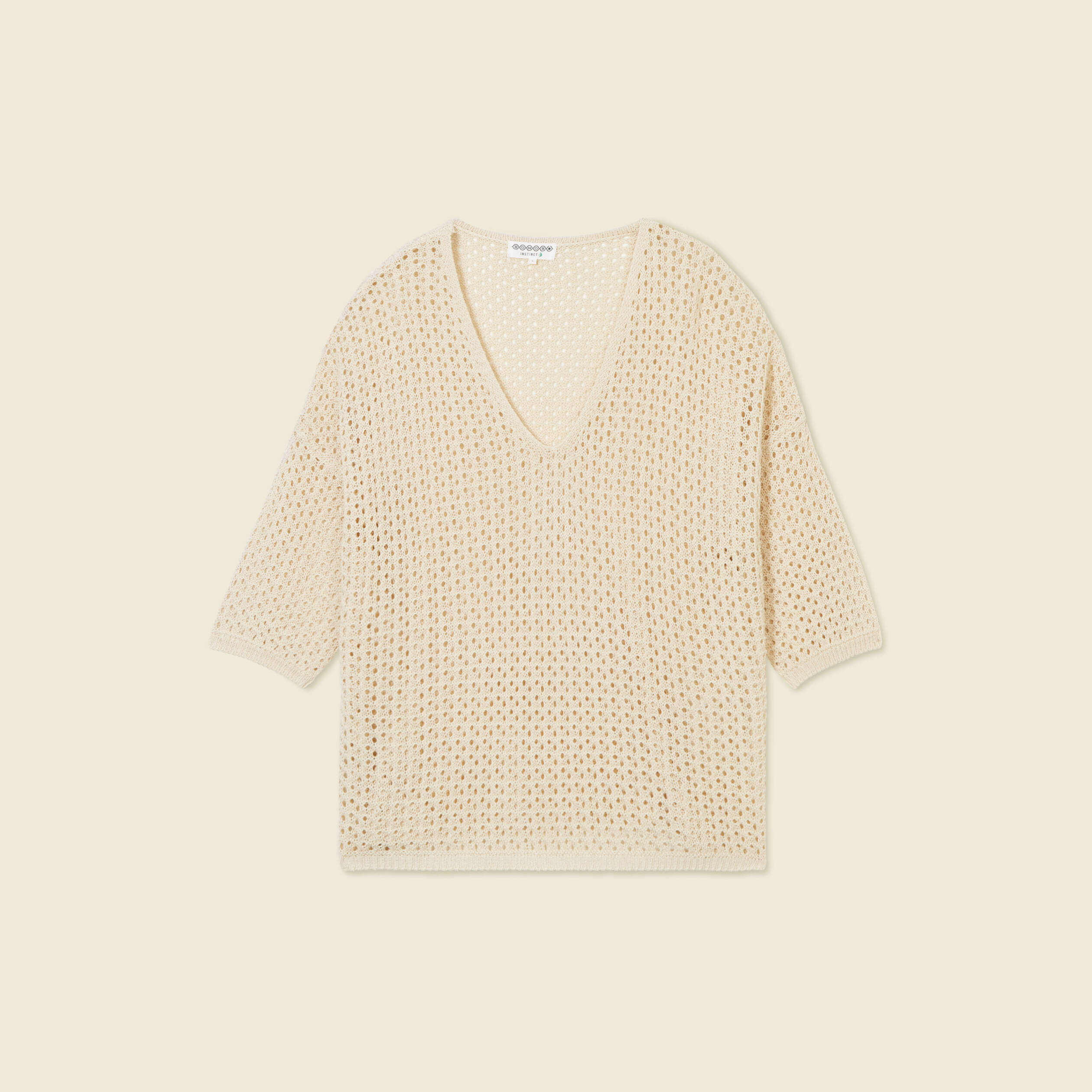 Pull ajour&eacute; col v manches 3/4 creme femme