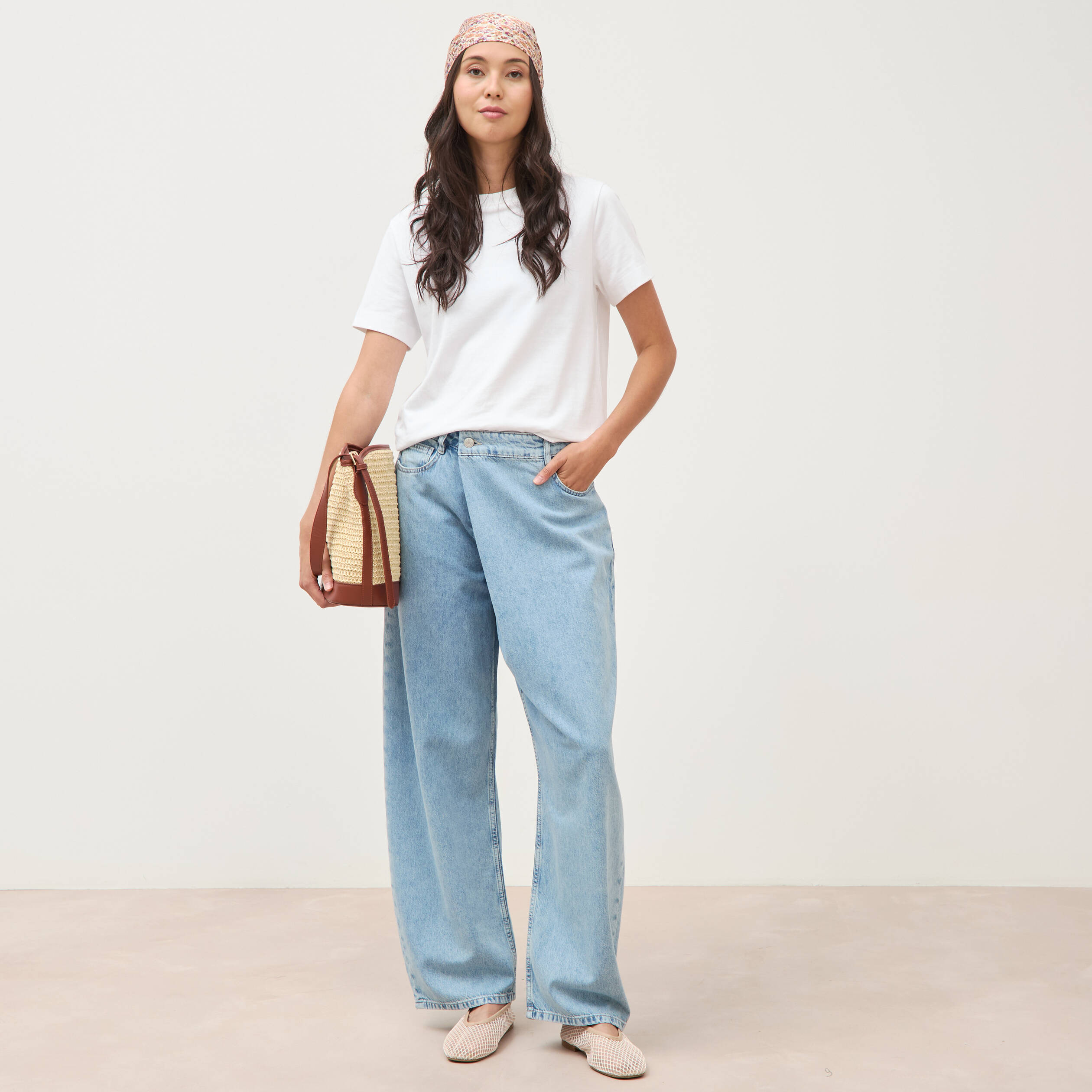 Jeans wide leg cropped taille bascul&eacute;e bleu ciel femme