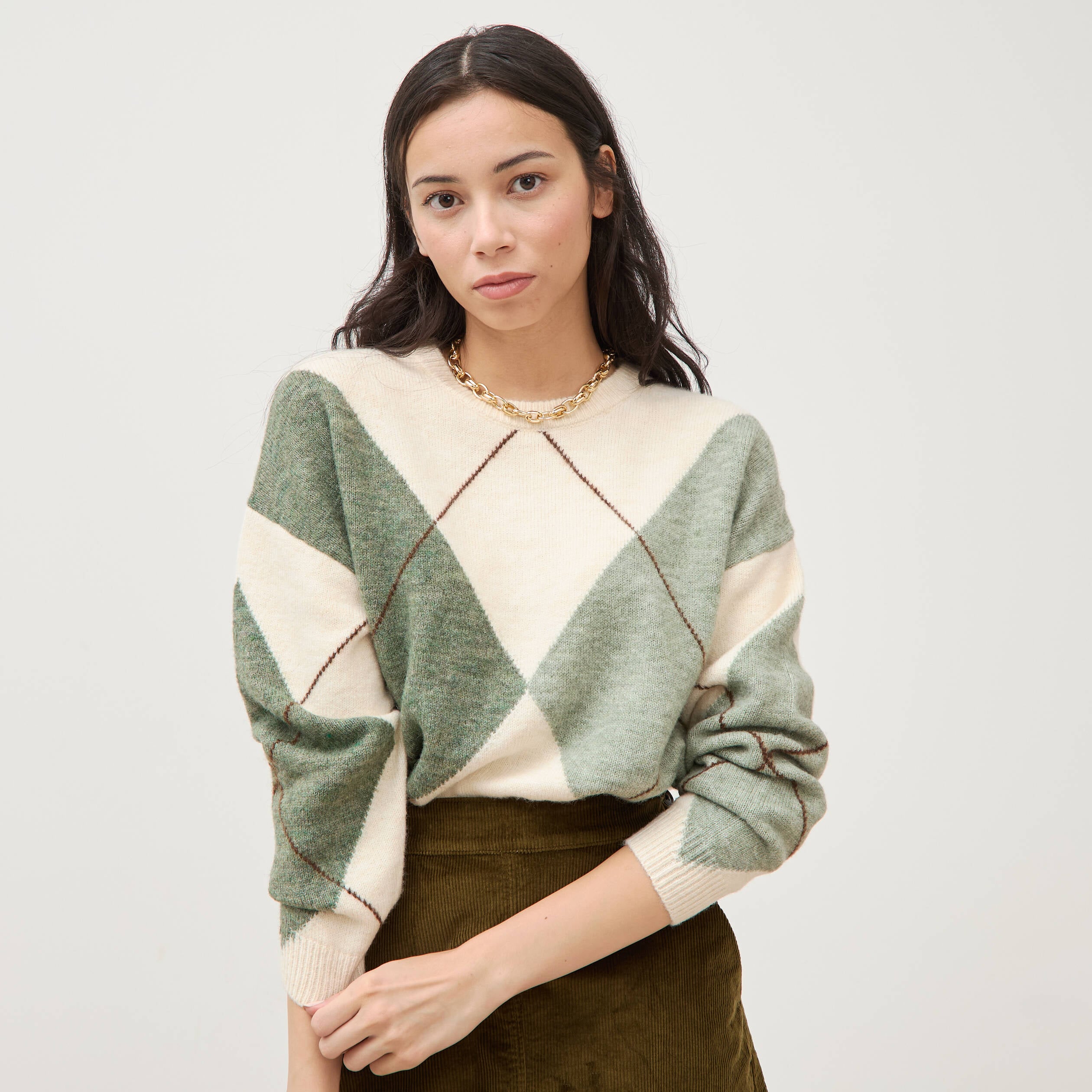 Pull col rond manches longues vert pastel femme