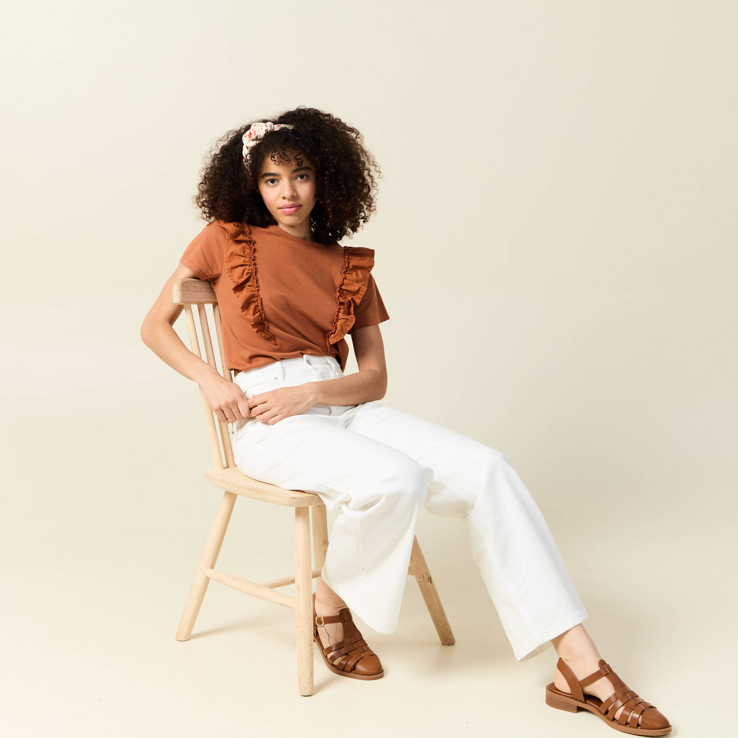 t shirt en coton manches courtes marron cognac femme T-shirt en coton manches courtes marron cognac femme