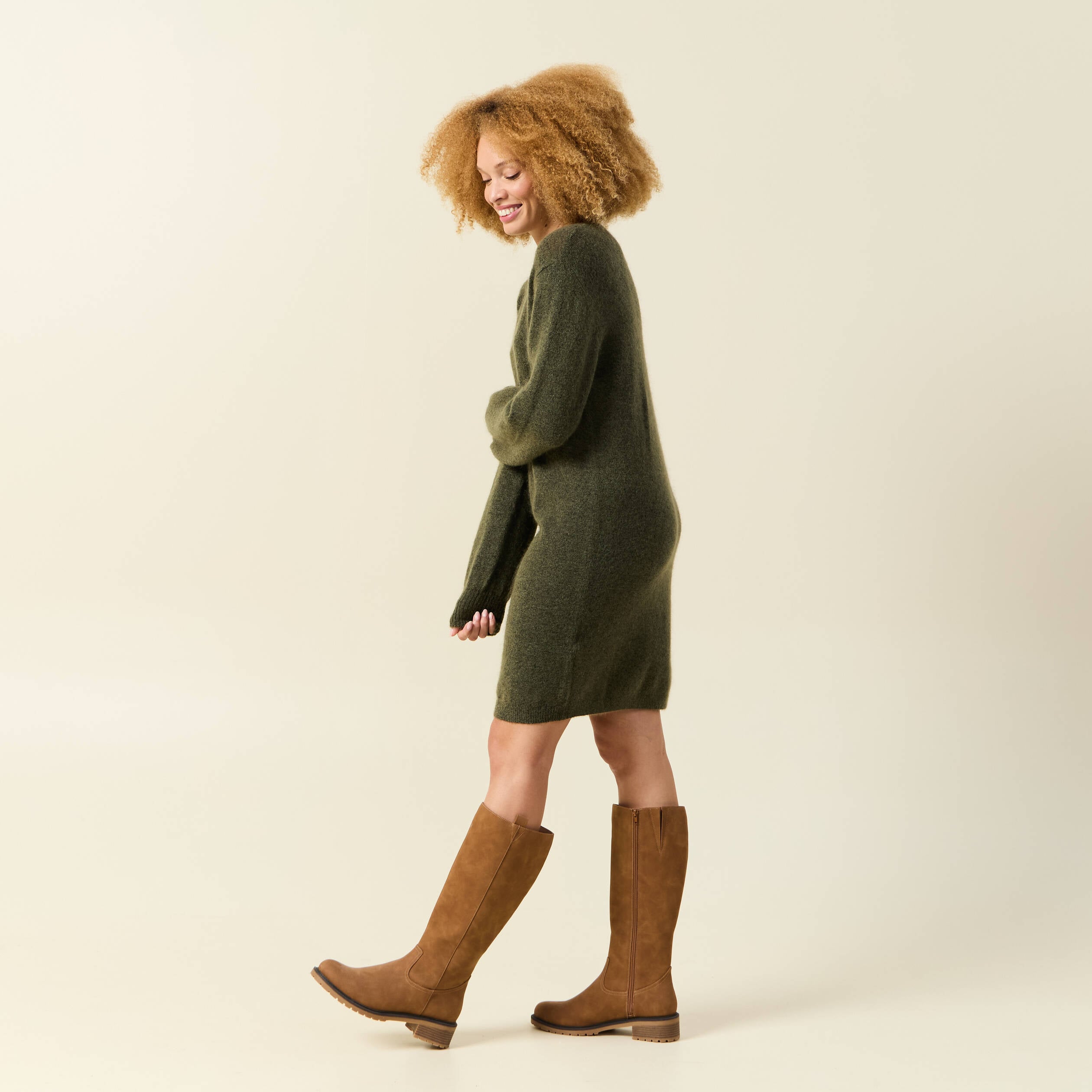 Robe manches longues vert kaki femme