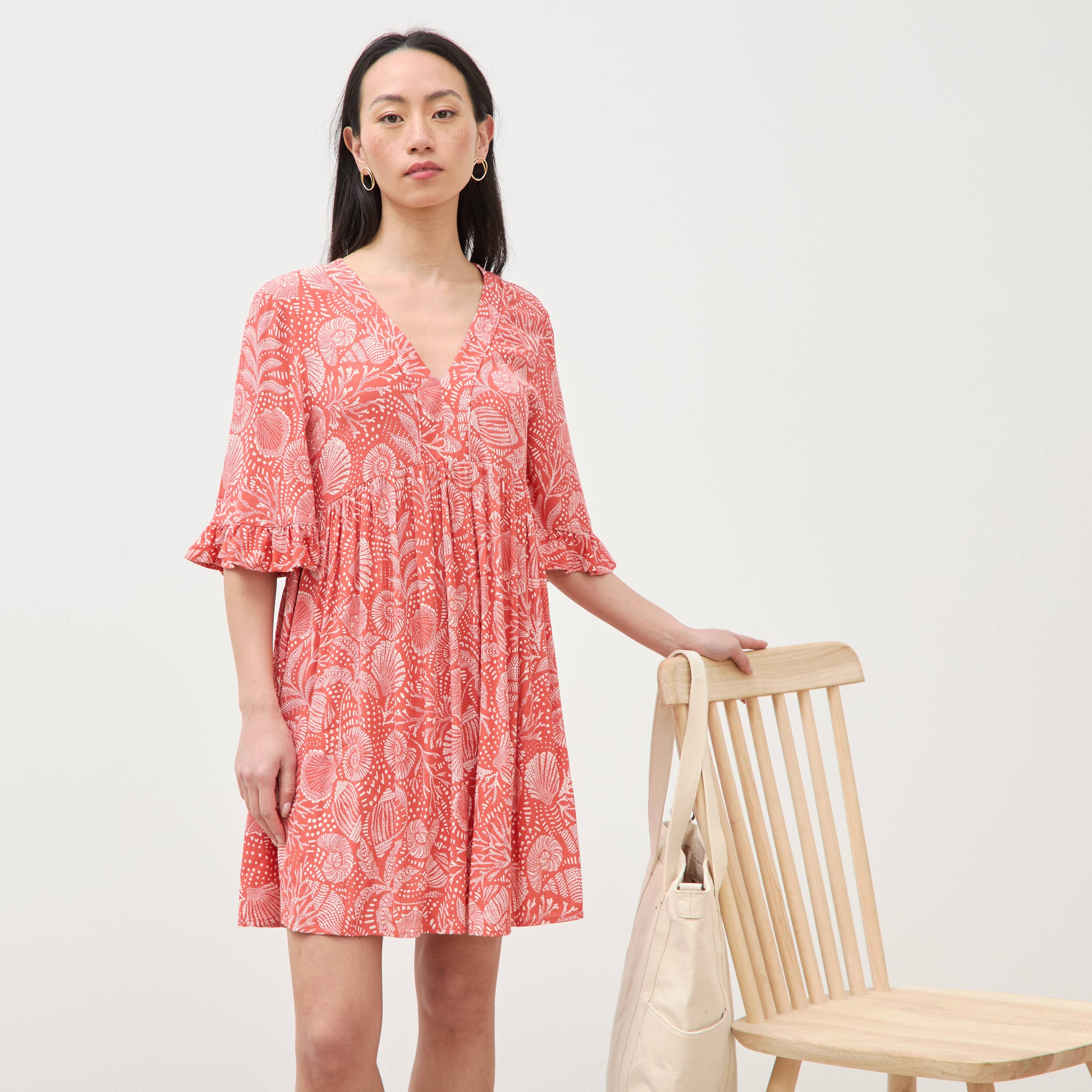 Robe col v manches au coude orange corail femme