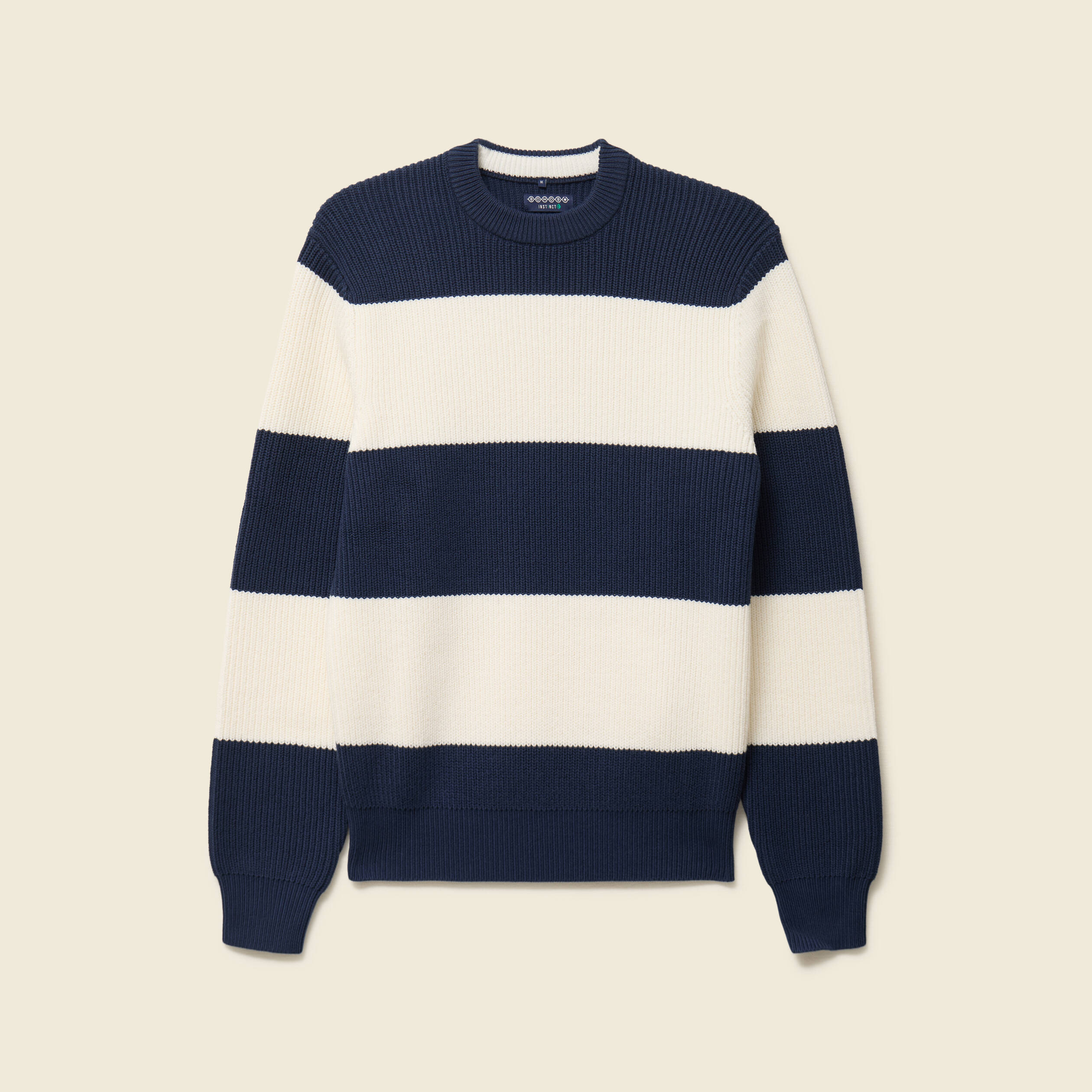 Pull fin ray&eacute; manches longues col rond bleu marine homme