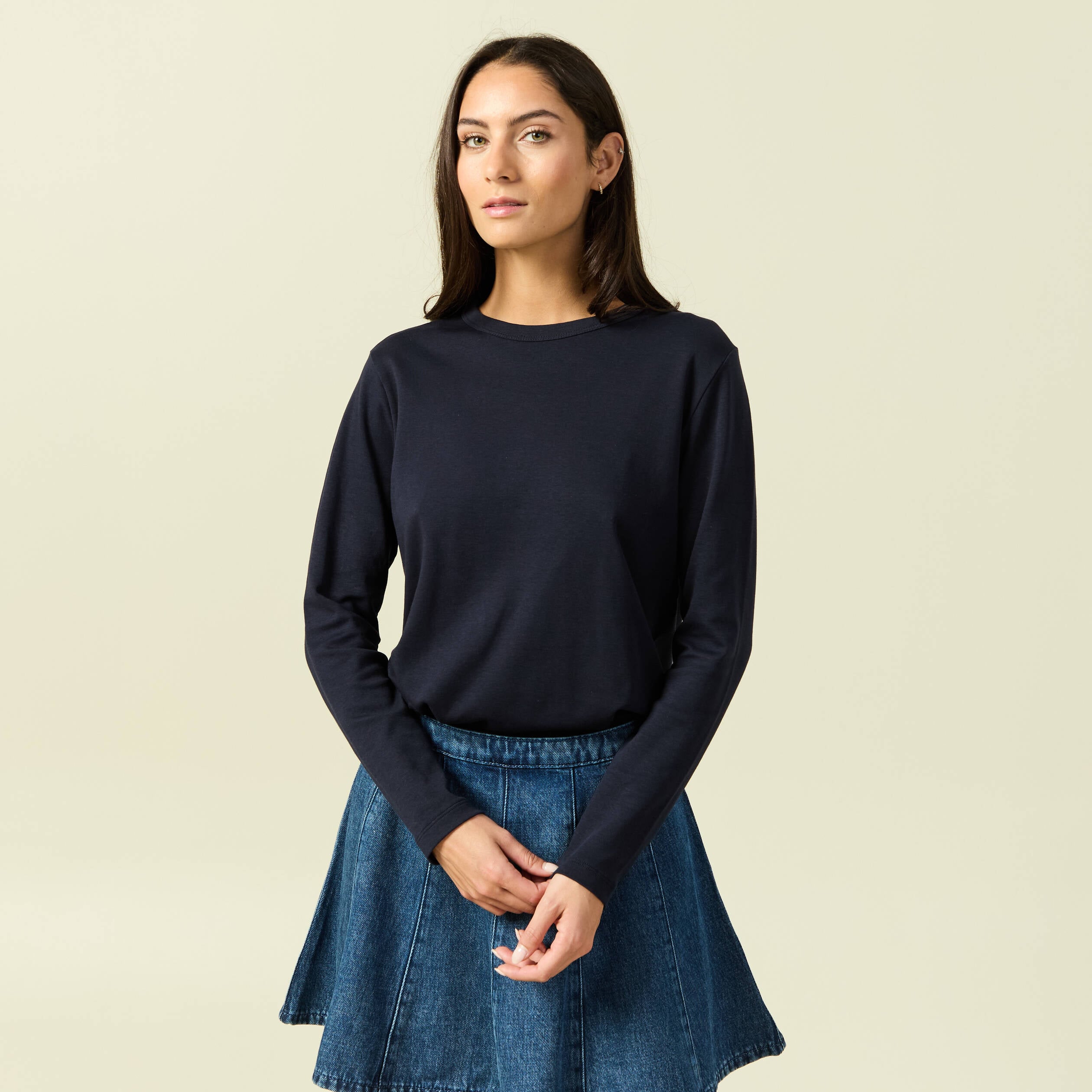 T-shirt en coton manches longues bleu marine femme