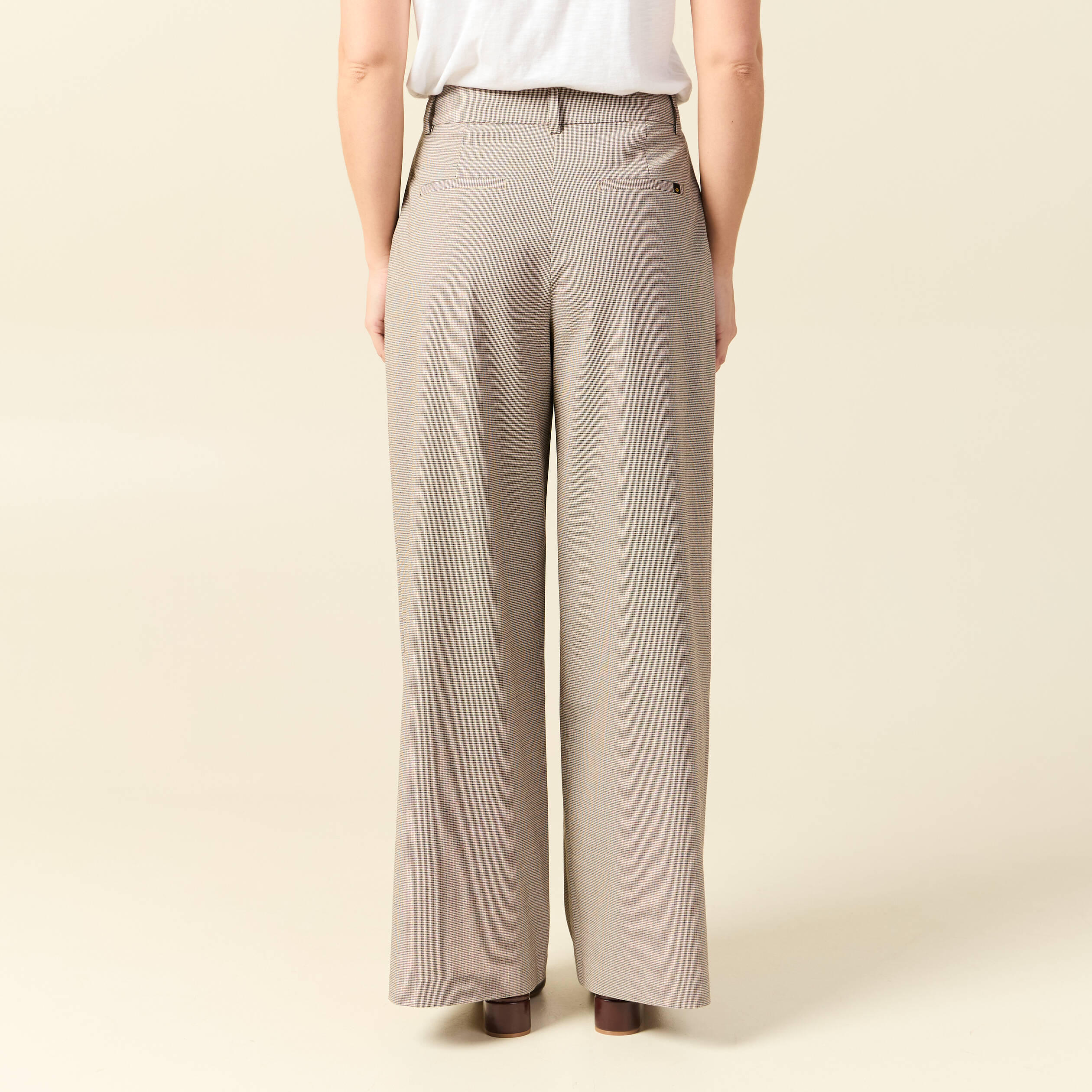 Pantalon large taille haute fluide beige femme