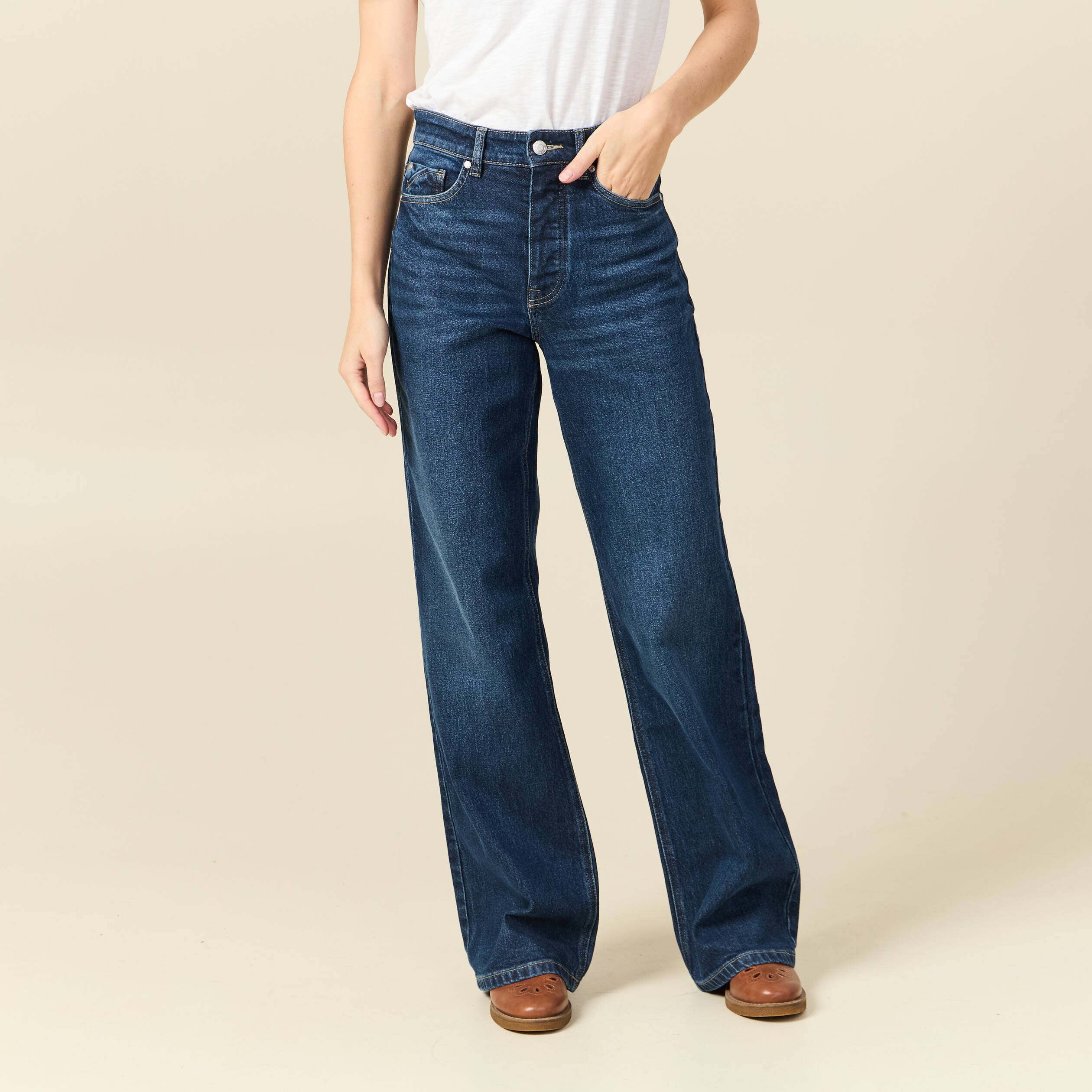 Jeans large taille haute denim brut femme