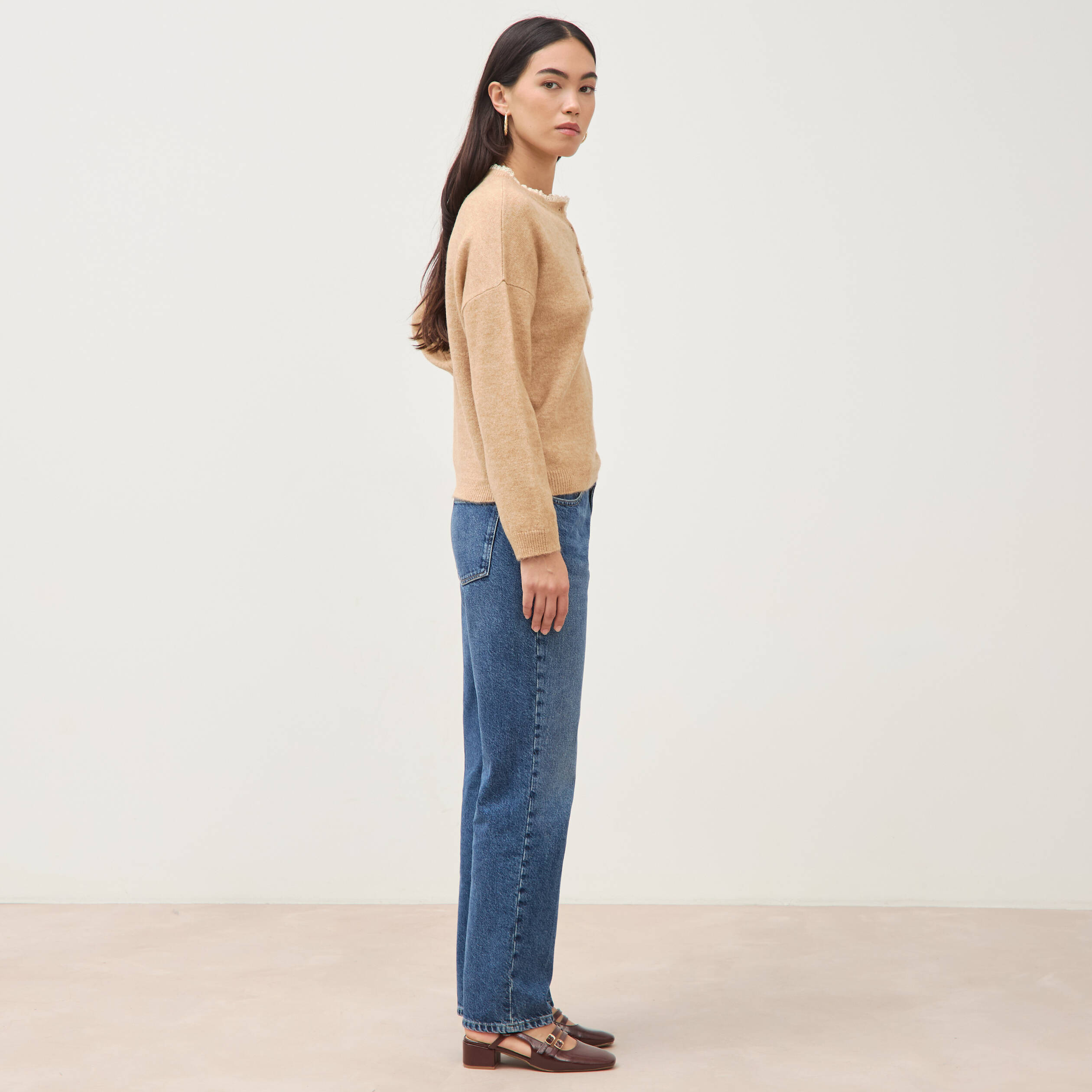 Pull col tunisien manches longues marron clair femme