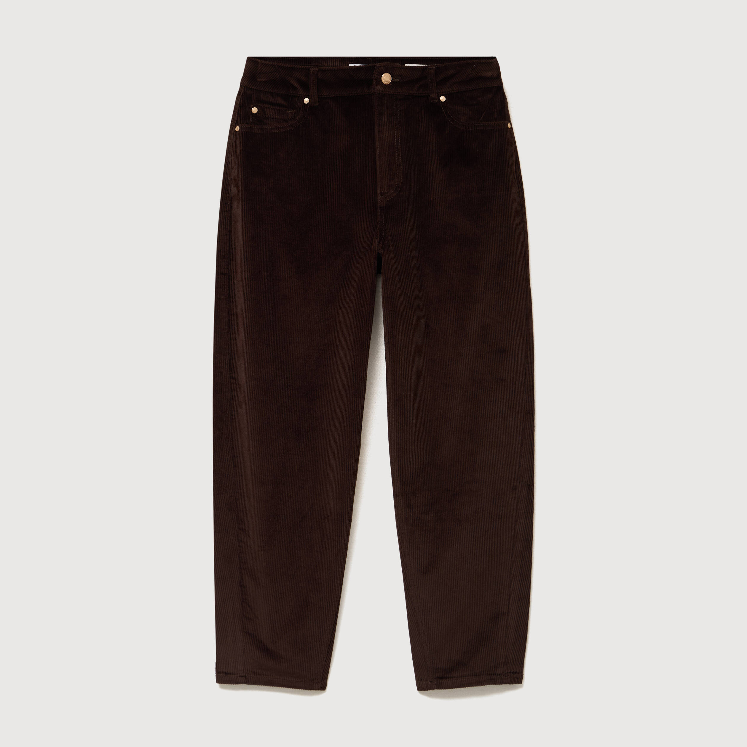 Pantalon taille haute velours resserr&eacute; marron femme
