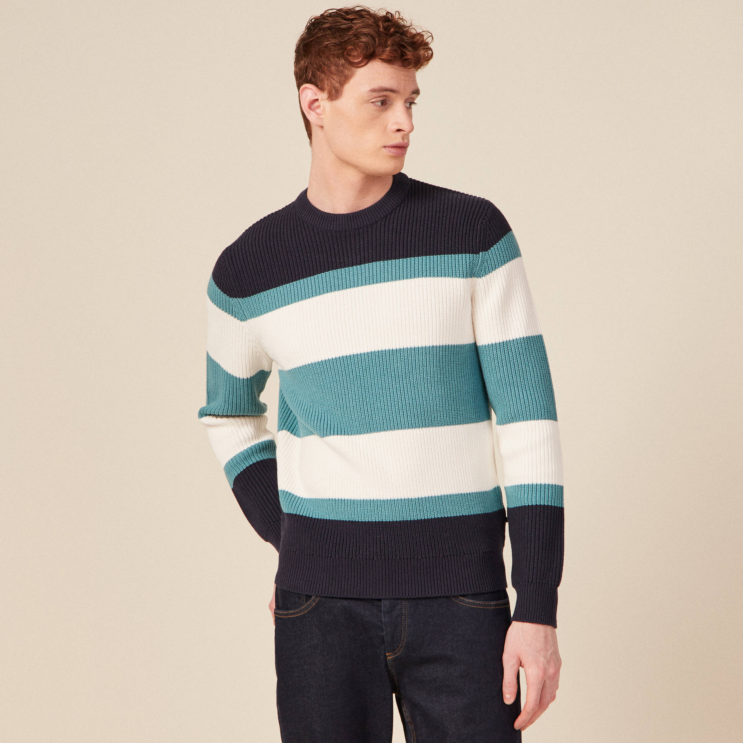 Pull fin col rond manches longues bleu p&eacute;trole homme