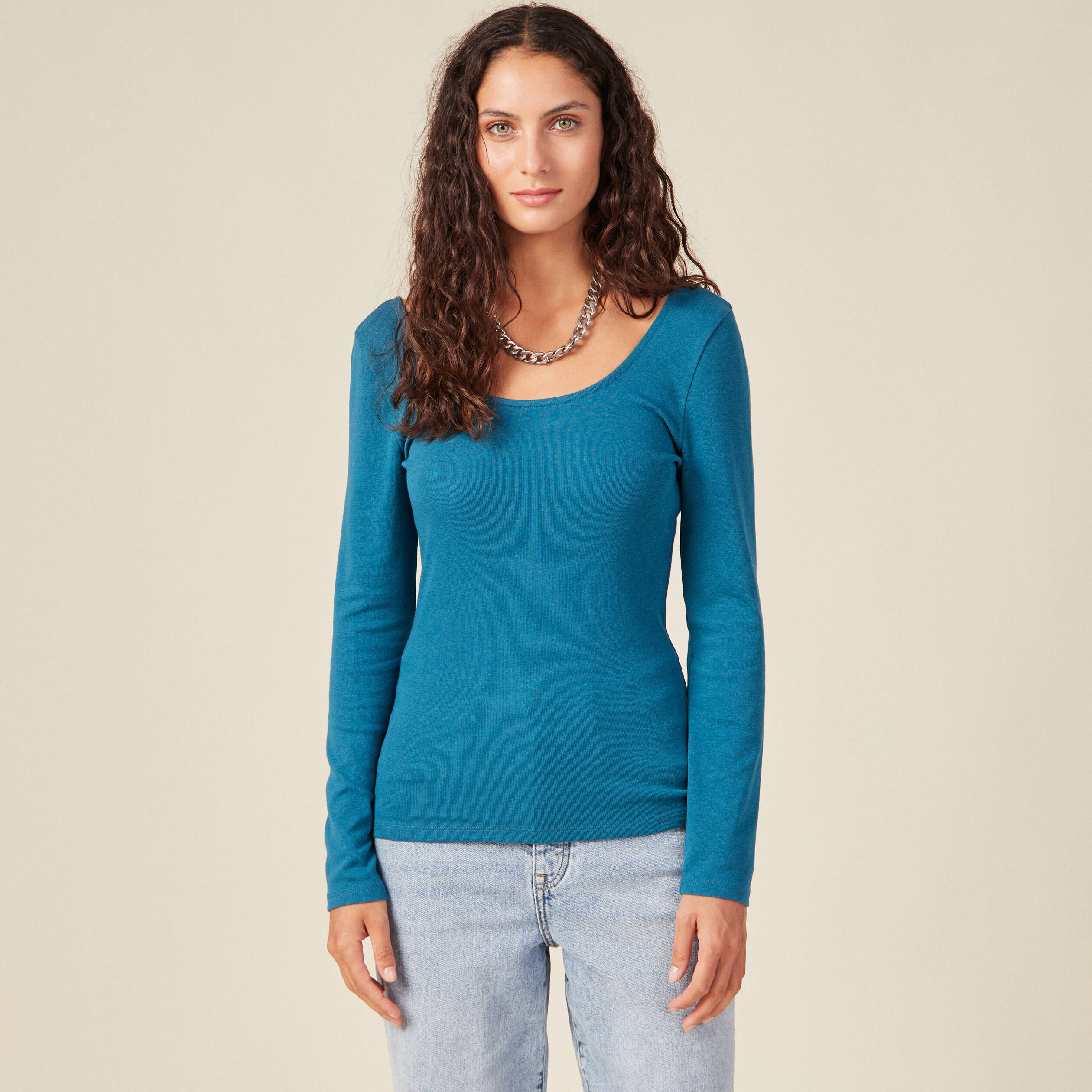 t shirt manches longues bleu petrole femme T-shirt manches longues bleu pétrole femme