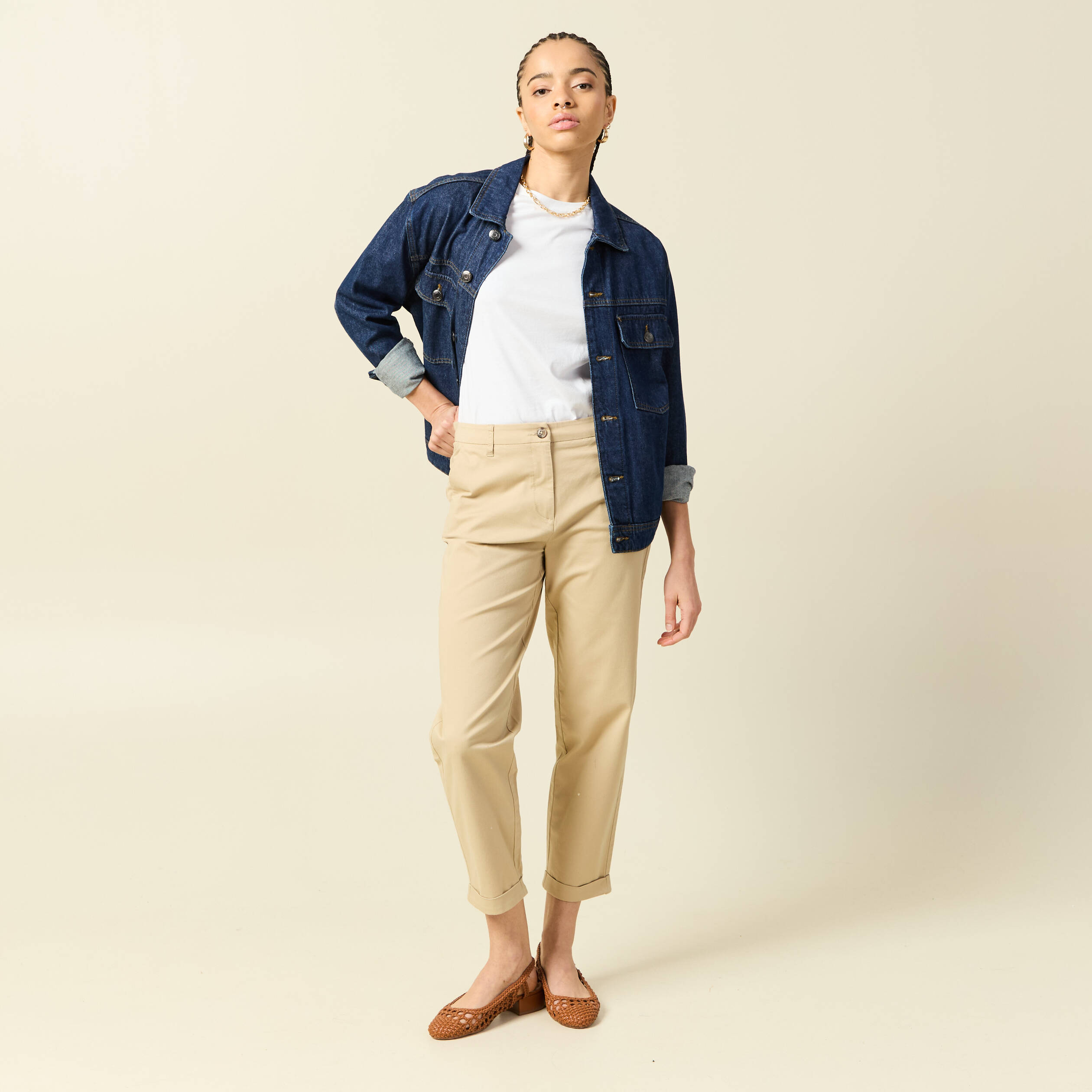 Pantalon taille haute fluide marron clair femme