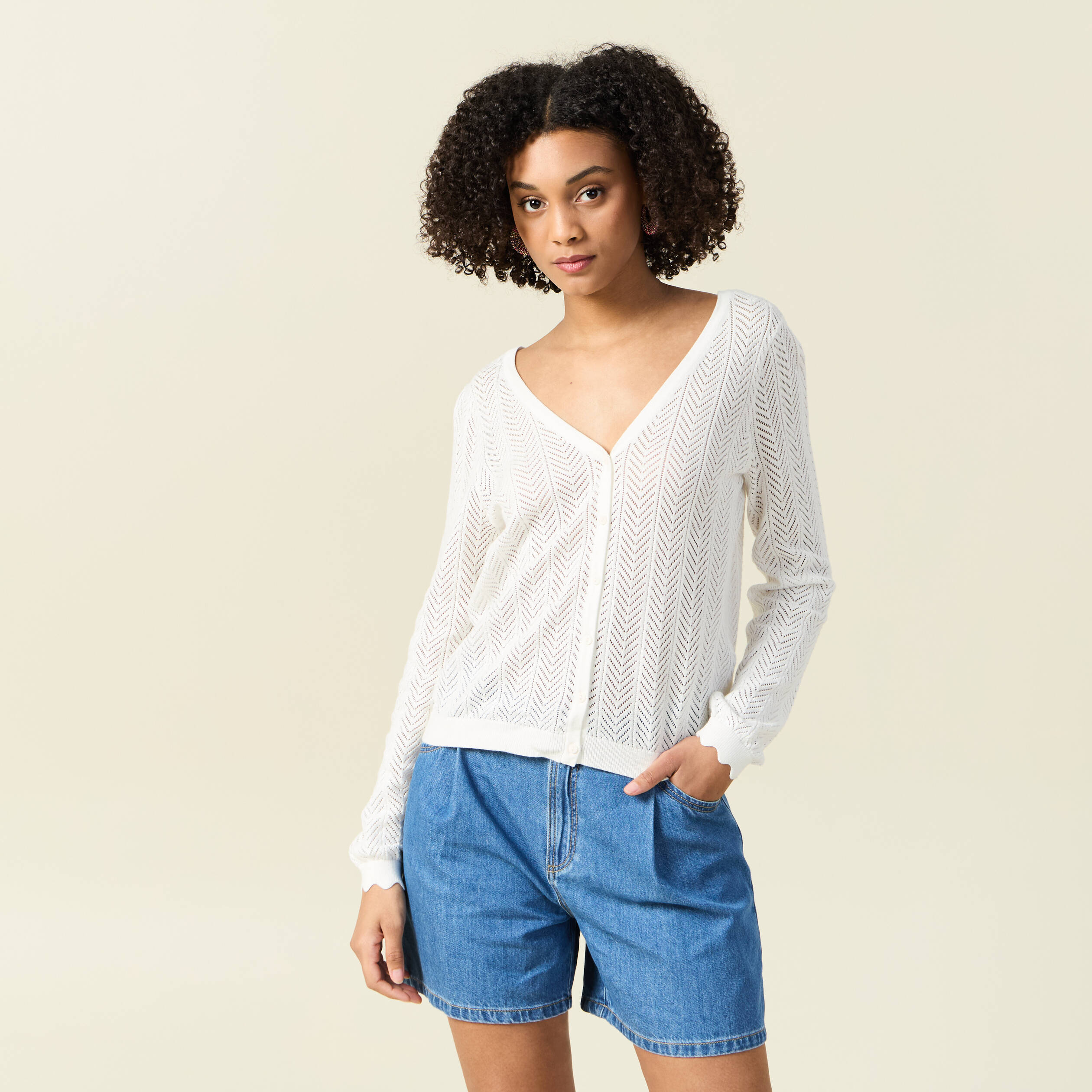 gilet dos devant ajoure ecru femme Gilet dos devant ajouré ecru femme