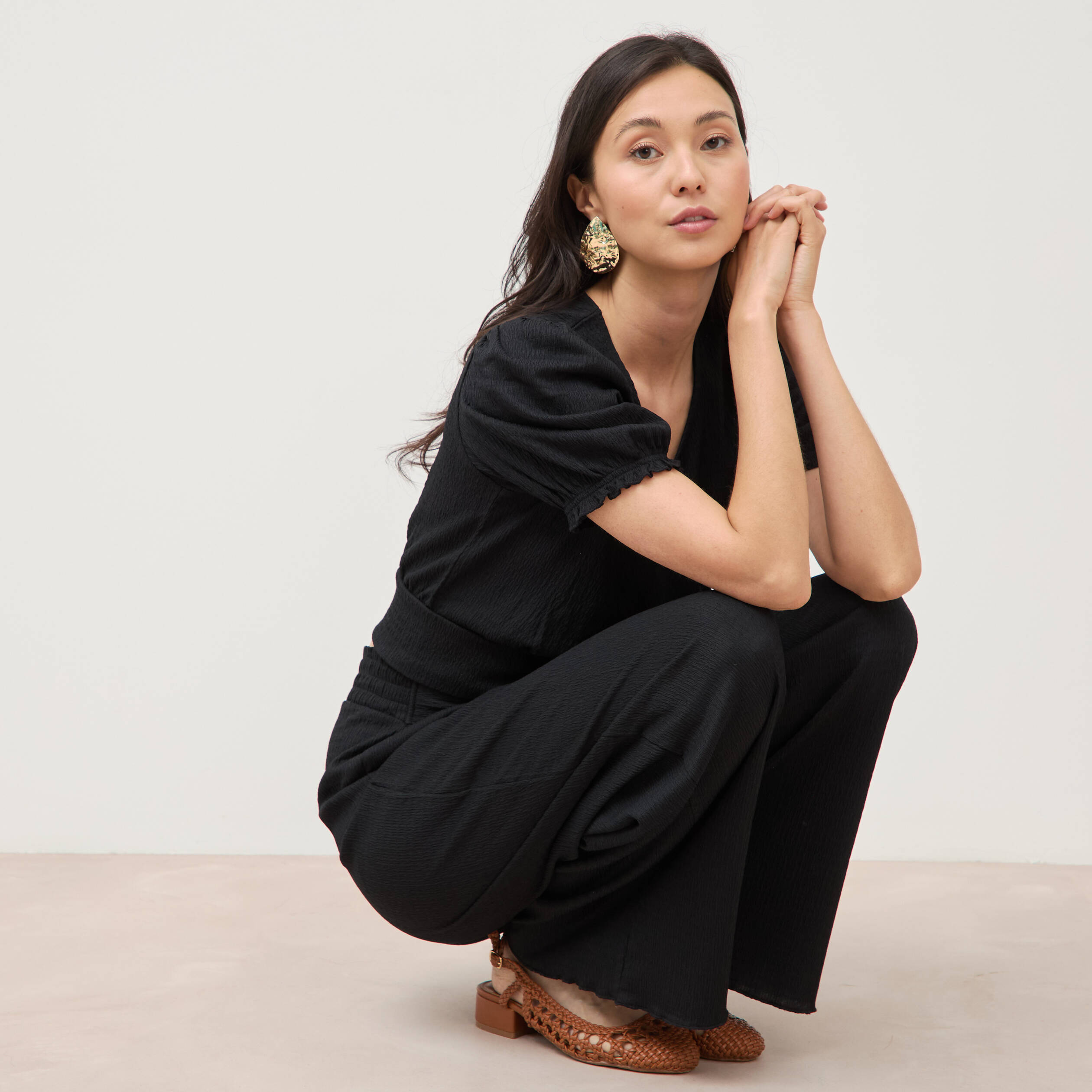 Pantalon loose avec ceinture noir femme