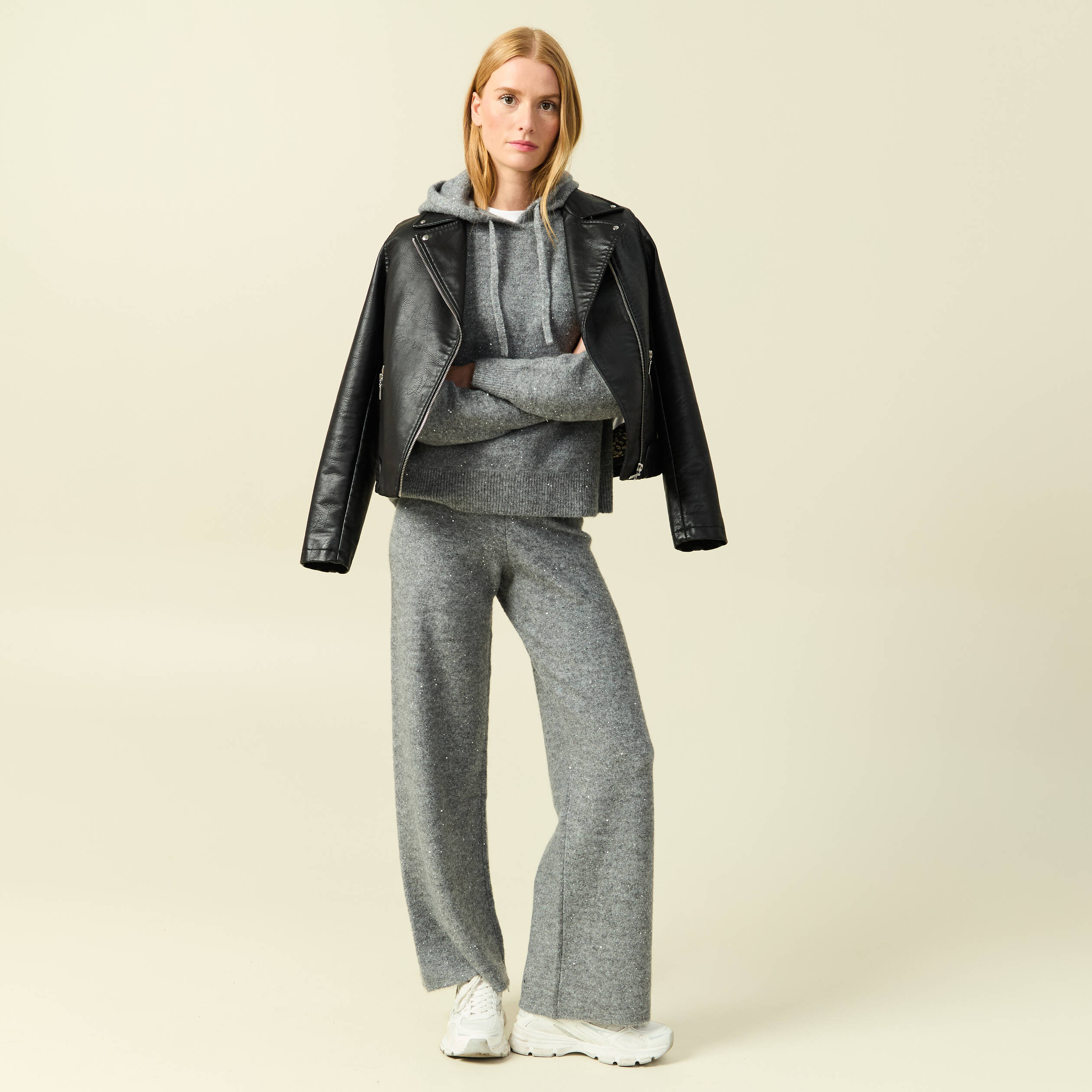 Pantalon large taille haute en maille gris femme