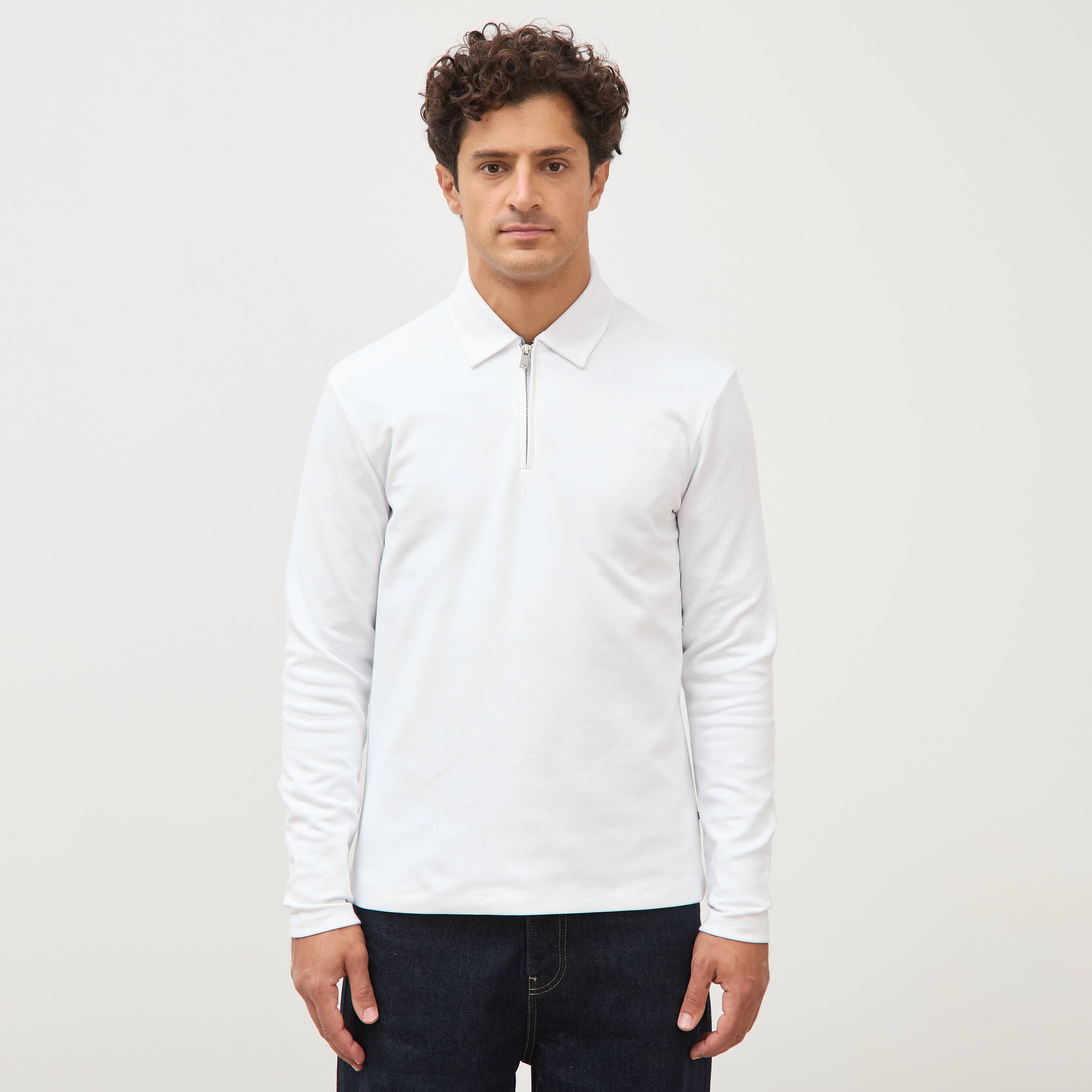 Polo droit manches longues blanc homme