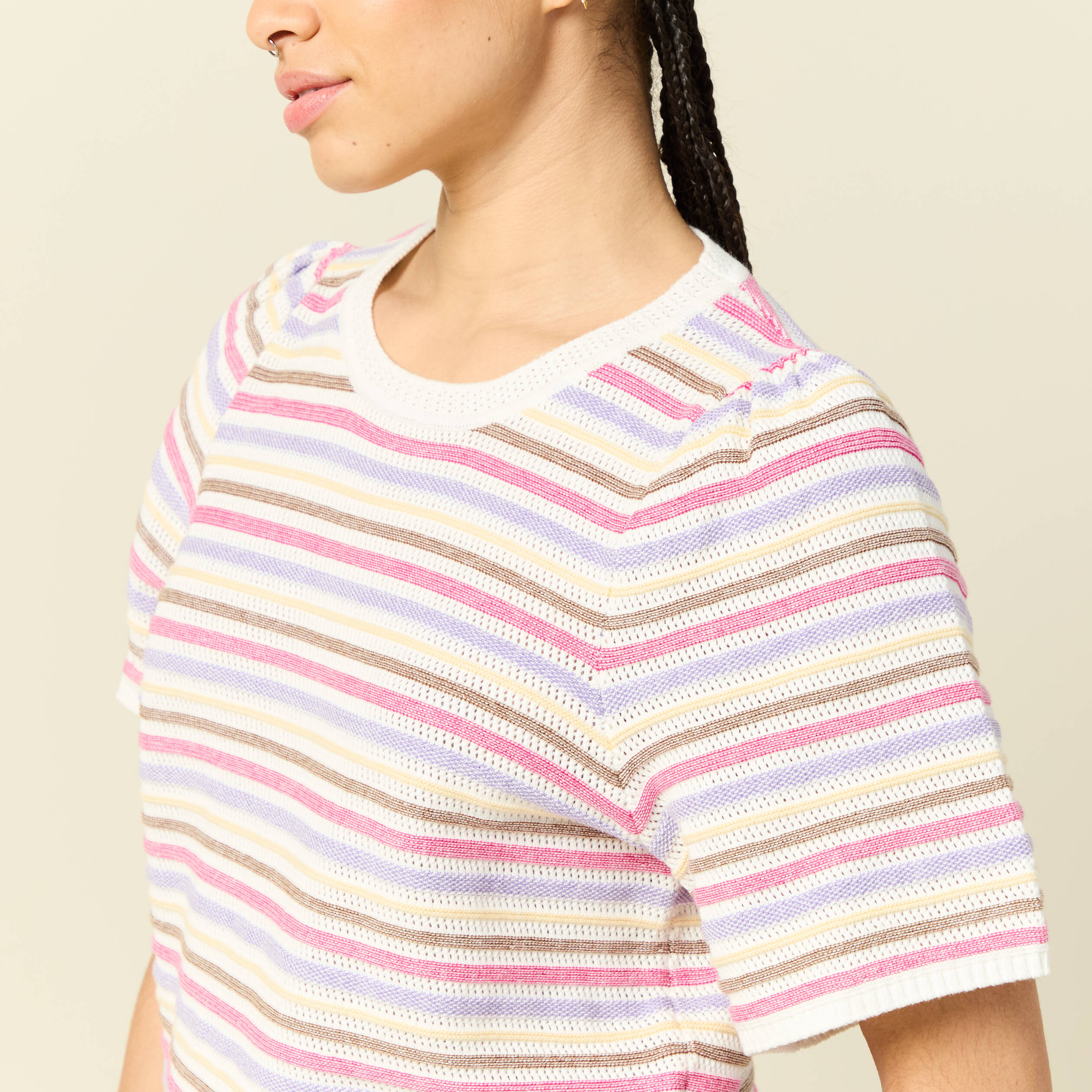 Pull droit court col rond manches coude violet clair femme