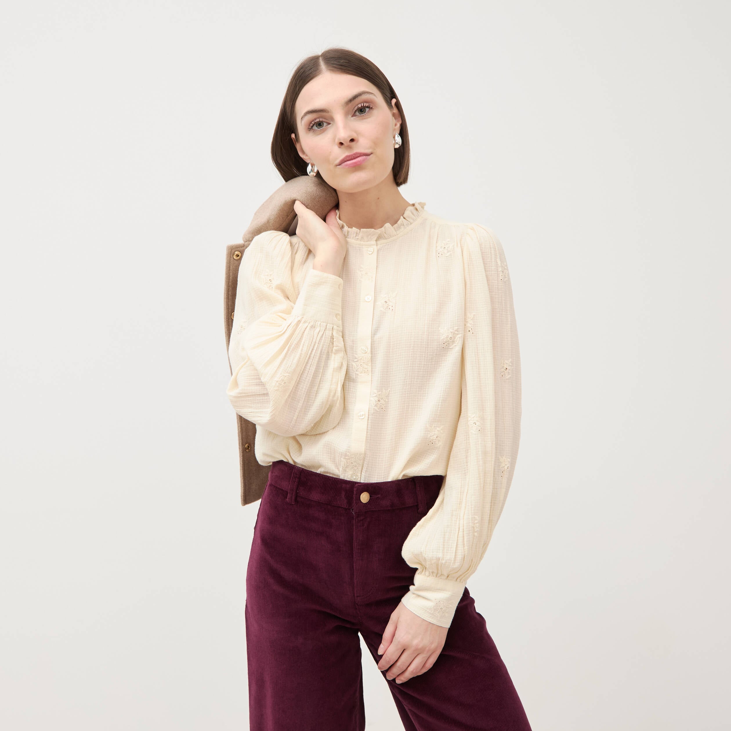 Chemise manches longues en coton creme femme