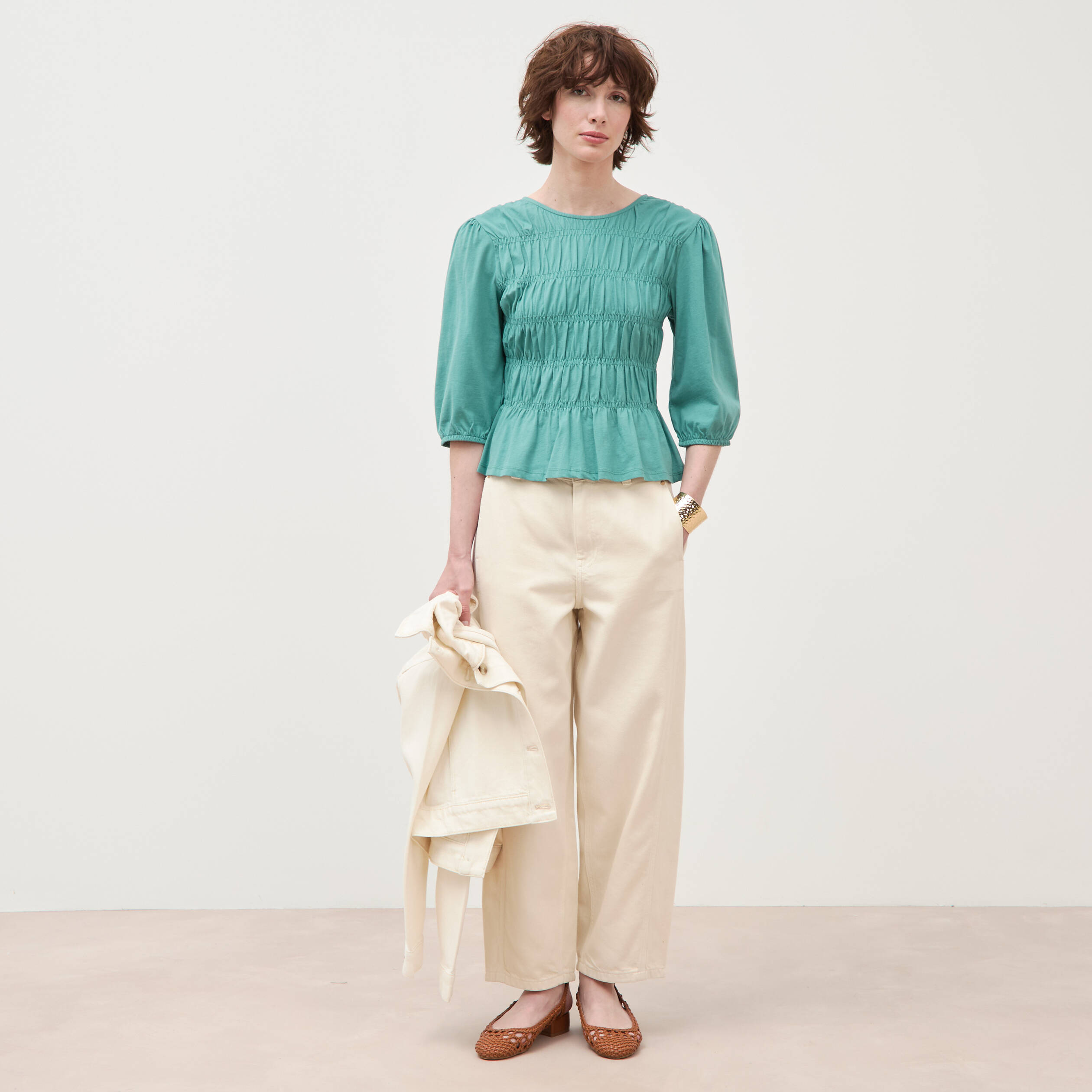 T-shirt cintr&eacute; col rond manches longues vert femme