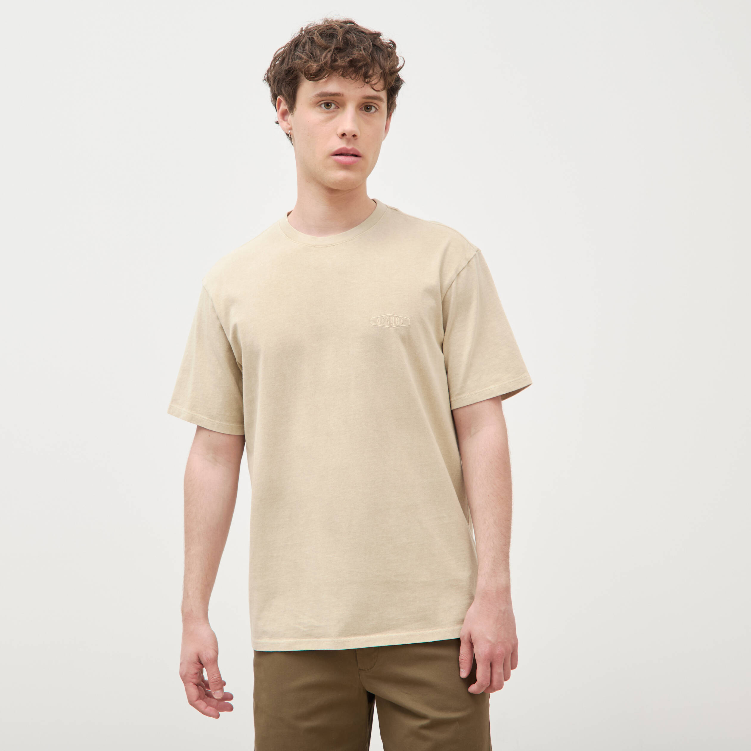 T-shirt ample col rond broderie coton beige homme