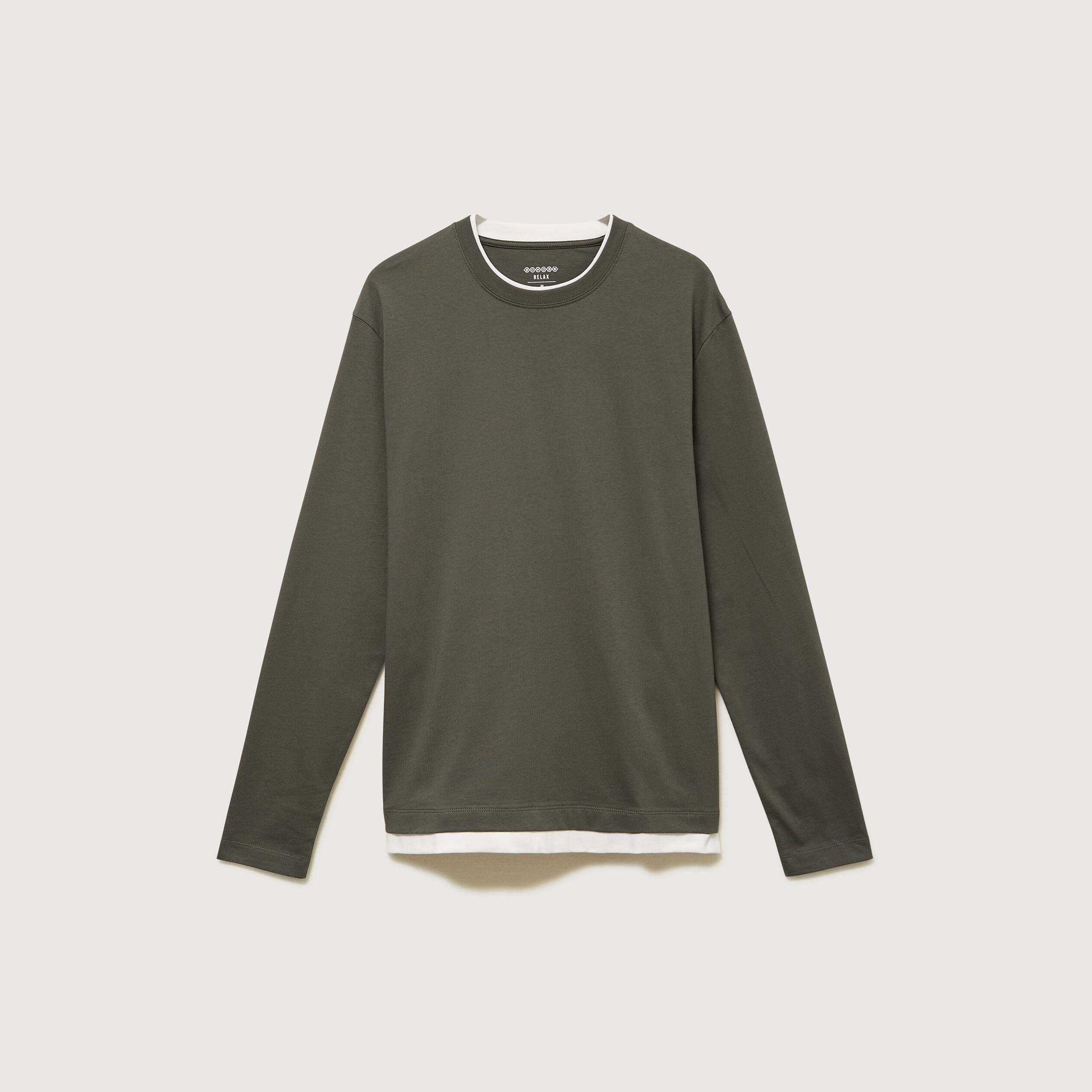 T-shirt droit col rond manches longues vert fonc&eacute; homme