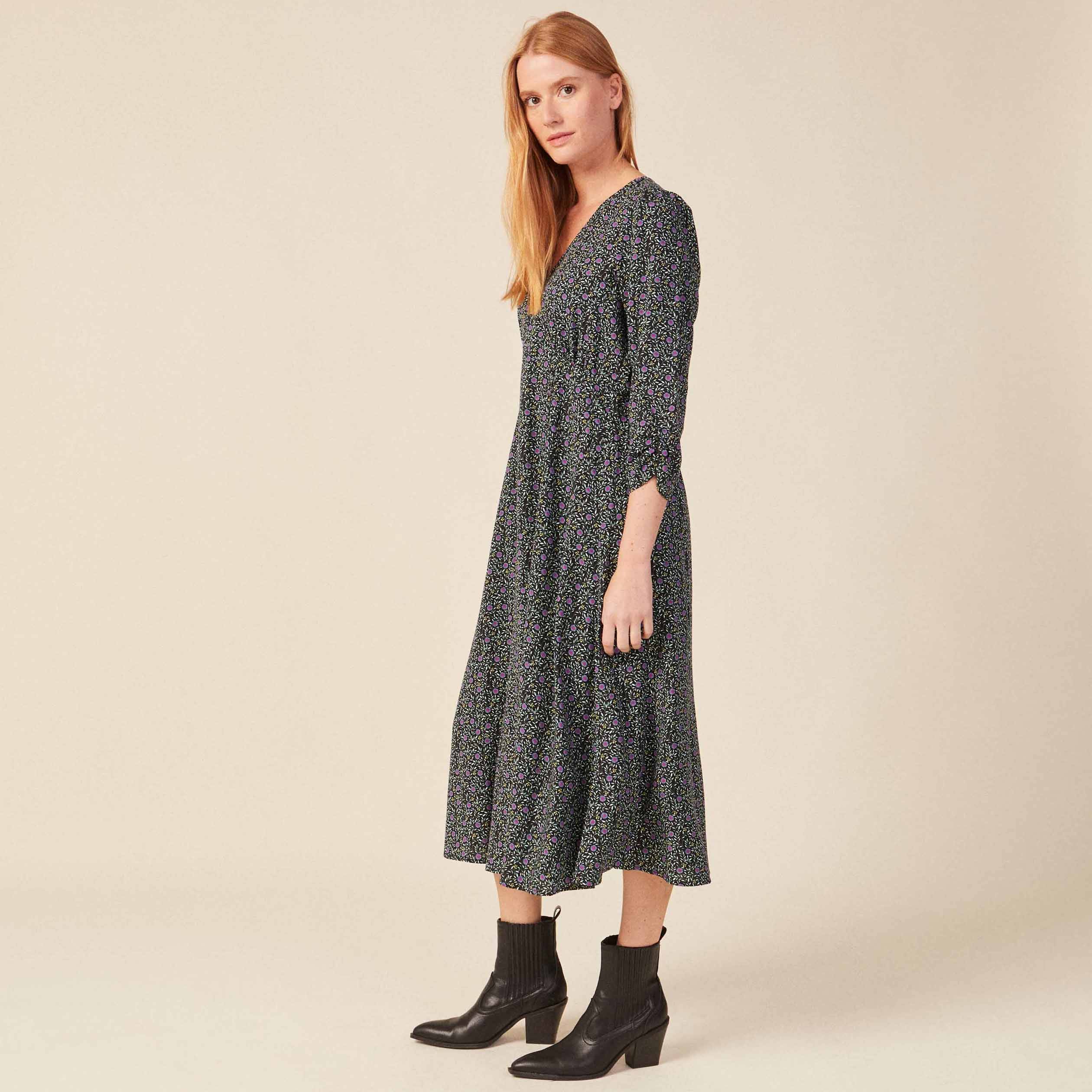 Robe droite 3/4 col v manches fluides noir femme
