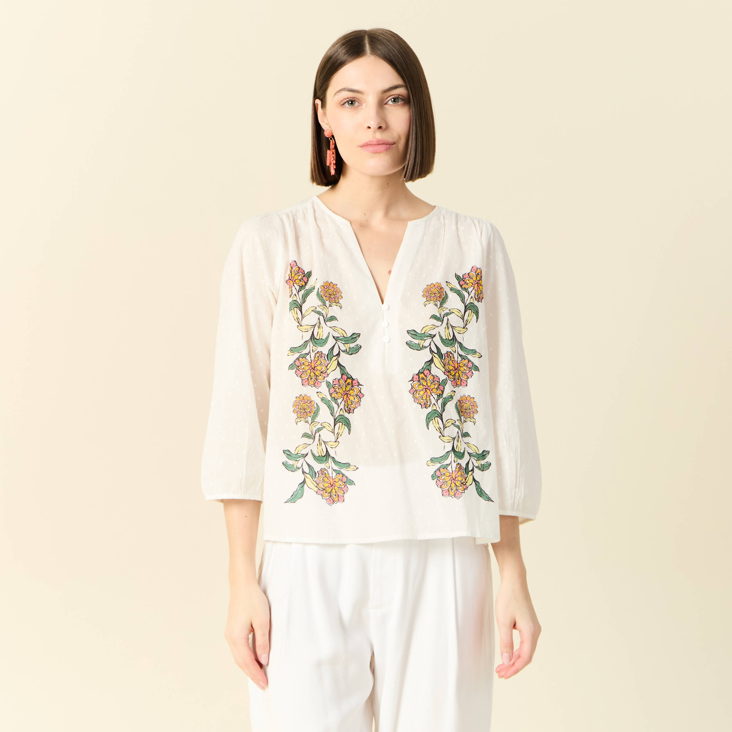 blouse manches 34 blanc femme Blouse manches 3/4 blanc femme
