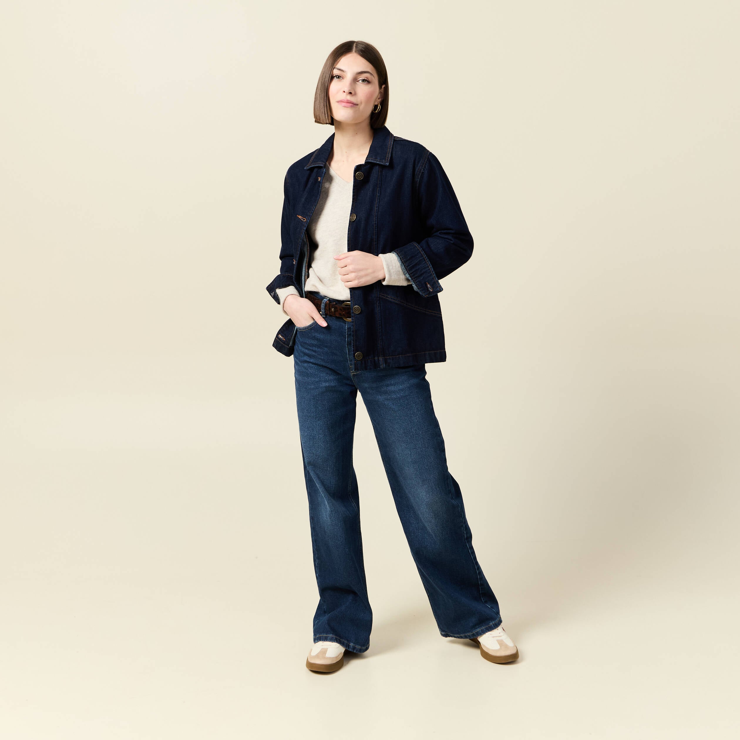 Pull manches longues col en V creme femme