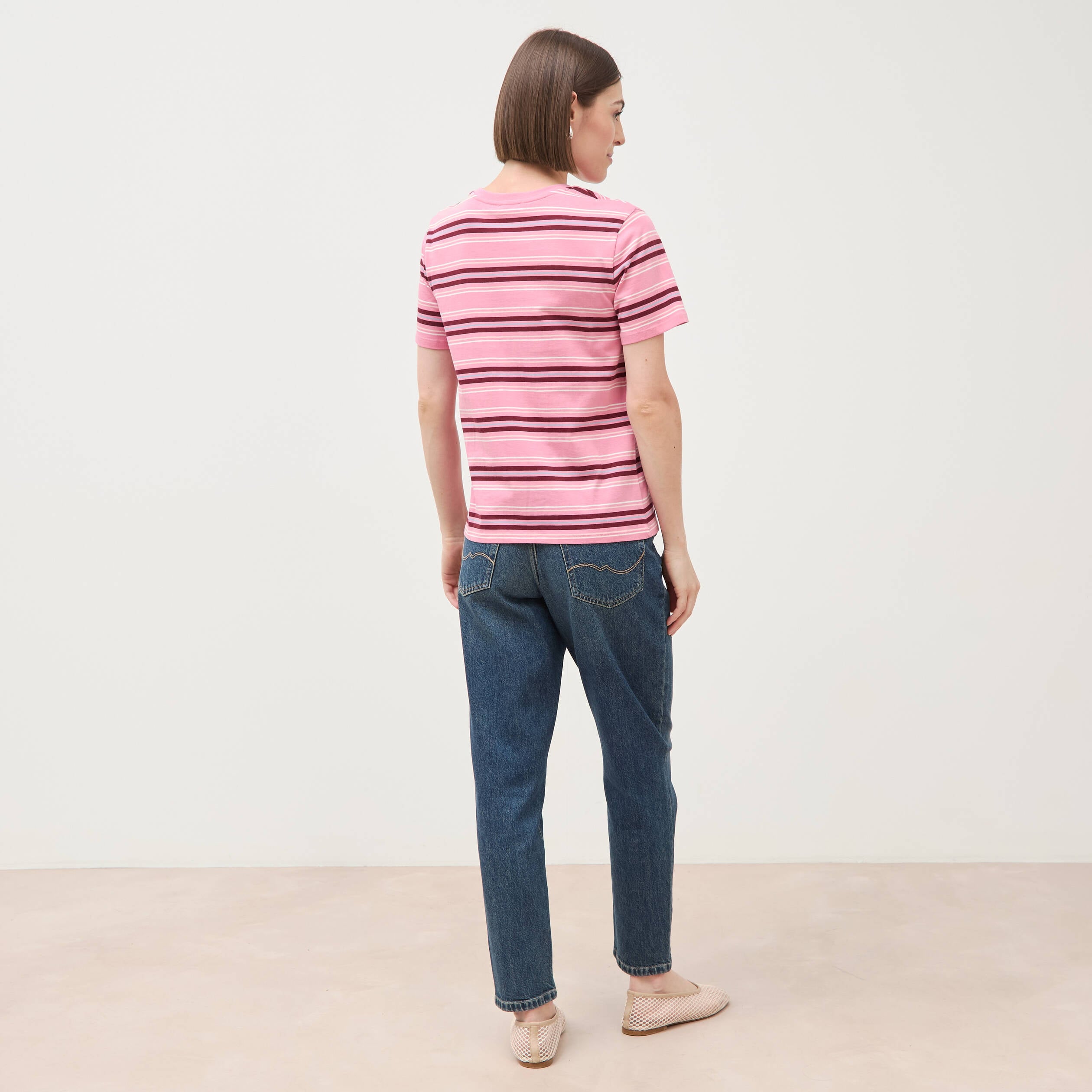 T-shirt ray&eacute; col rond manches courtes vieux rose femme