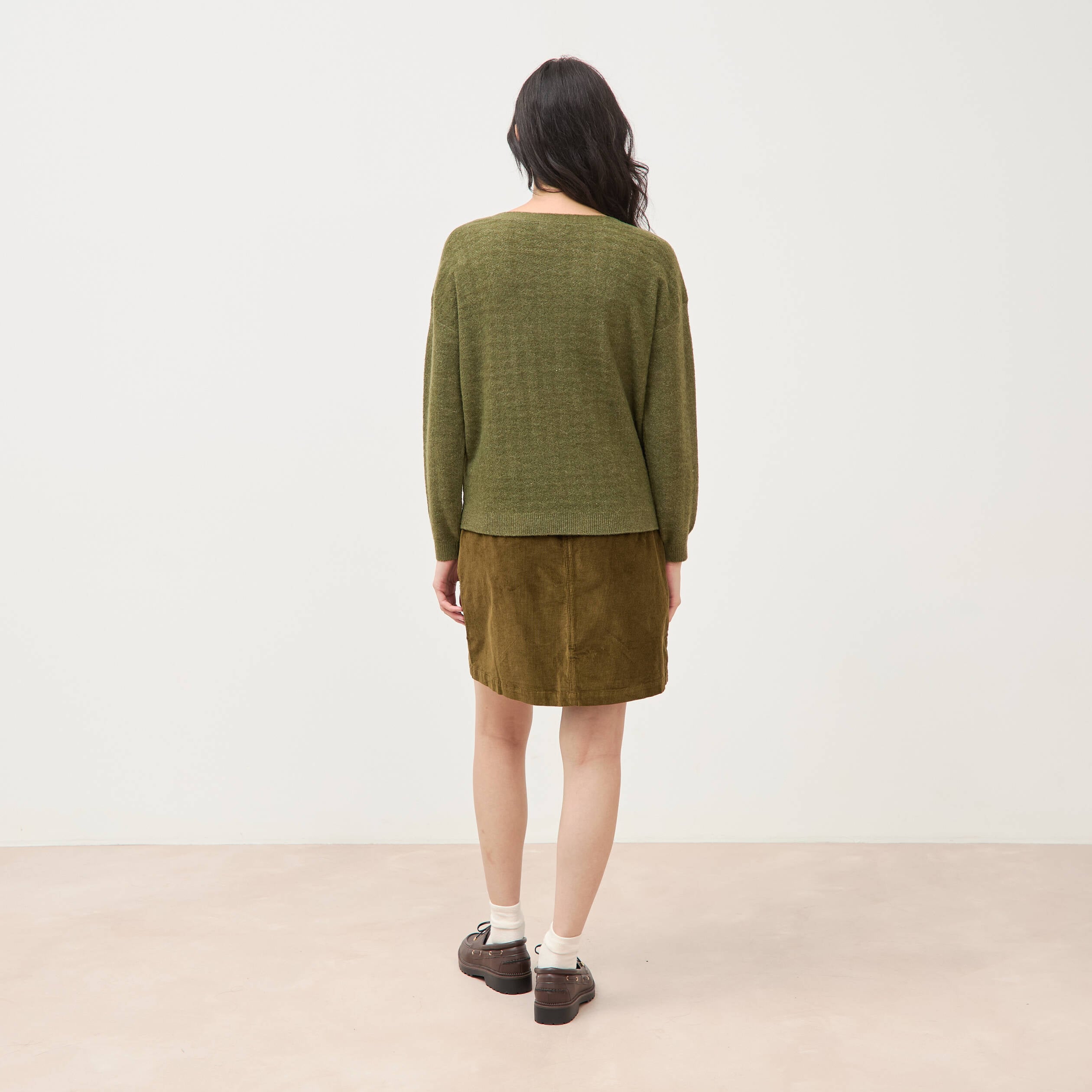 Pull manches longues col bateau vert kaki femme