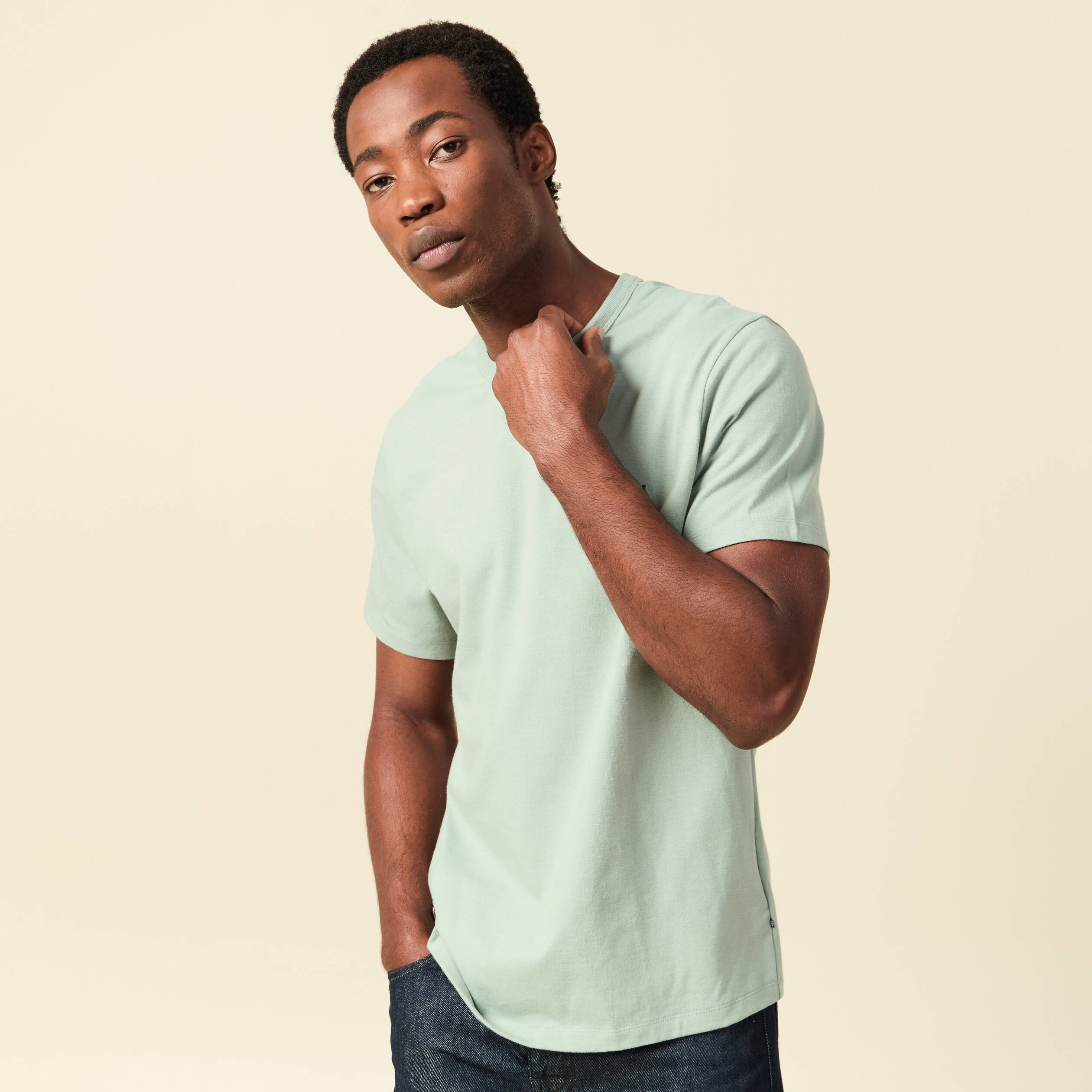 T-shirt col rond manches courtes brod&eacute; vert pastel homme